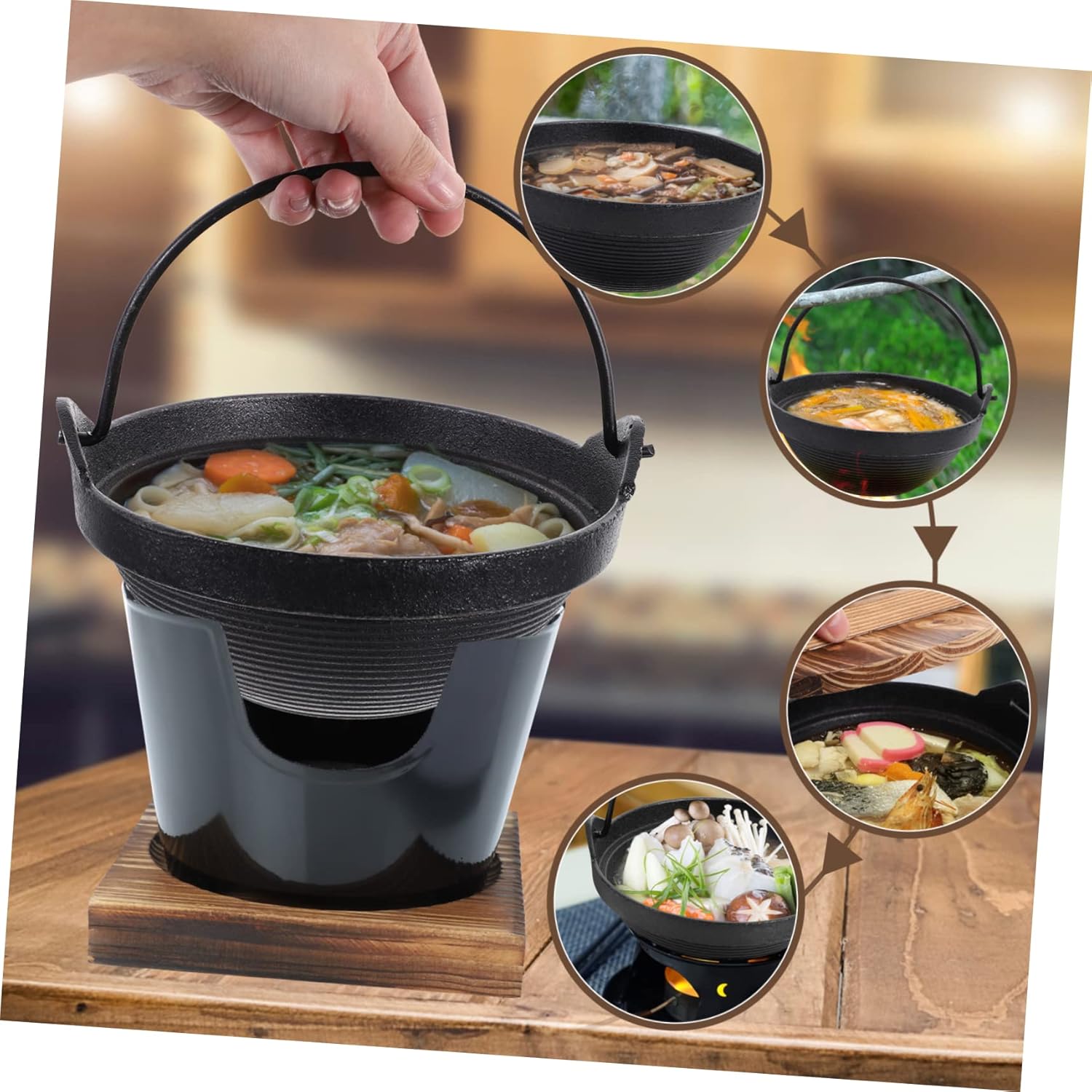 Garneck Non-stick Cast Iron Pot Japanese Pan Lightweight Soup Pot Hanging Stewpan Portable Cooking Boiler