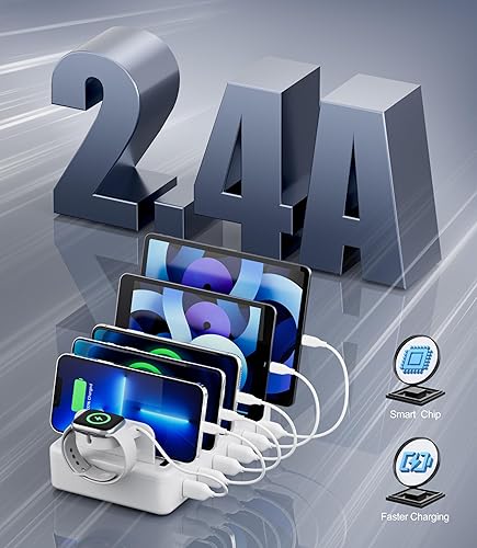Miniatura 2 de Estación de carga para múltiples dispositivos, estación de carga múltiple rápida de 6 puertos de 50 W con 6 cables de carga mixtos para iPhone,
