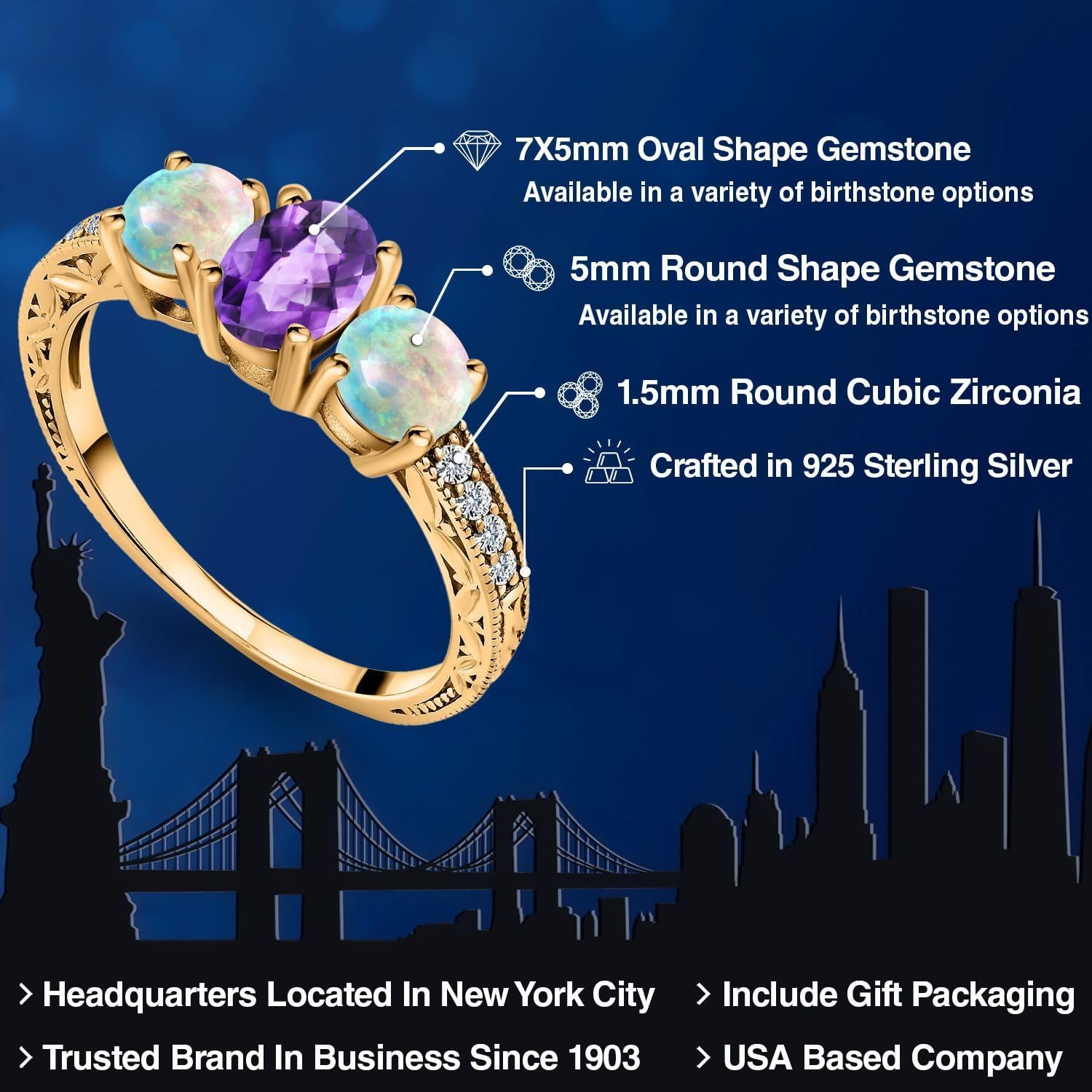 Gem Stone King 1.87 Cttw Oval Checkerboard Purple Amethyst and White Simulated Opal 18K Yellow Gold Plated Silver Ring For Women | Gemstone Birthstone