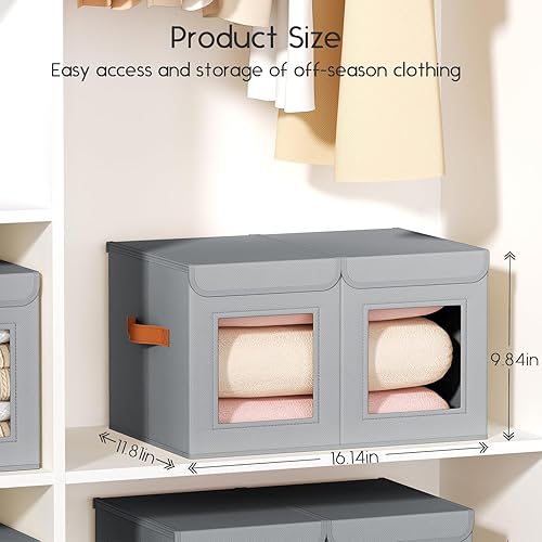 Miniatura 7 de Cajas de almacenamiento grandes para armario - Organizador de ropa plegable dividido con tapas y ventana doble, contenedores organizadores de tela