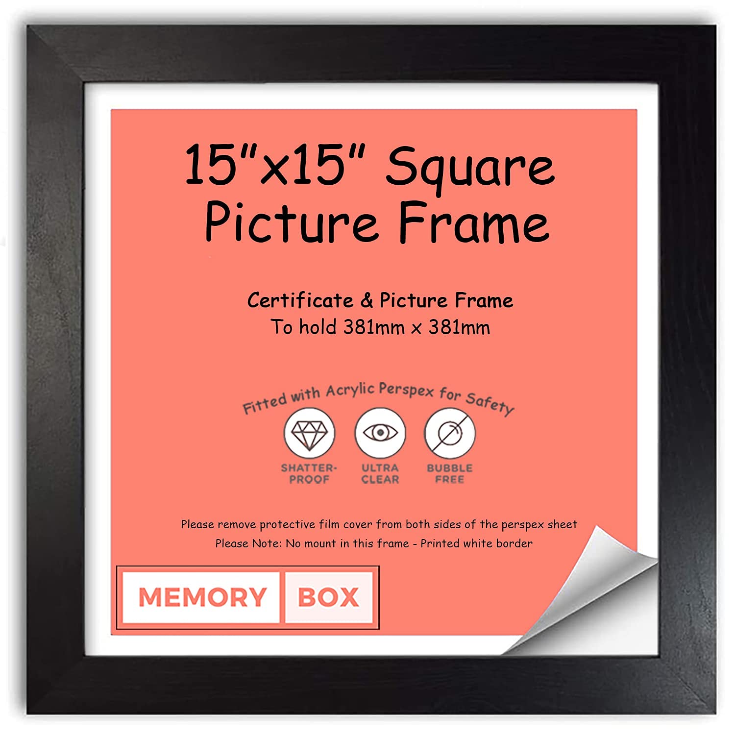 Memory Box Black - Wrapped MDF Picture/Photo/Poster INSTAGRAM SQUARE frame with Perspex Sheet - Moulding 20mm Wide and 15mm Deep - (38.1 x 38.1cm) 15" x 15"