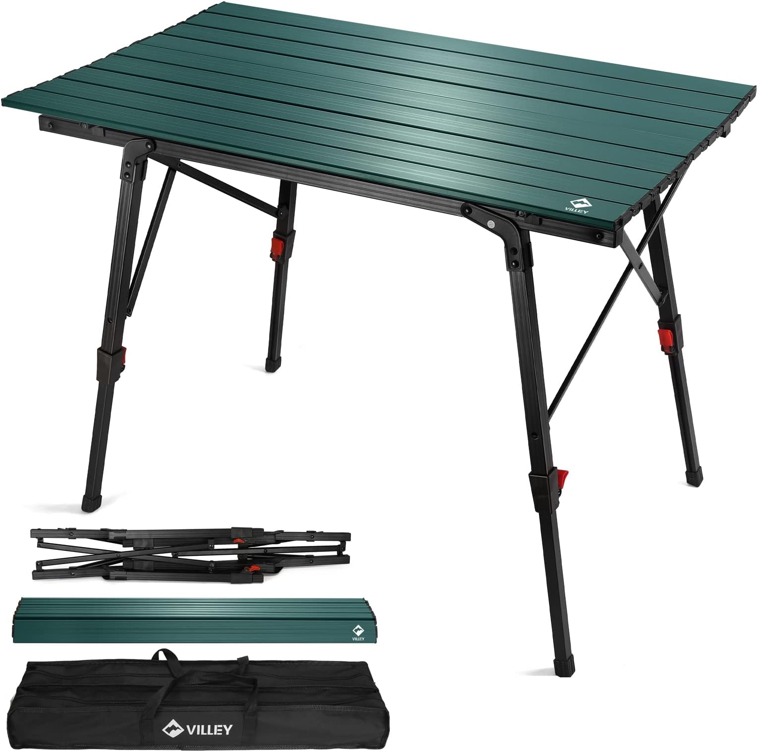 VILLEY Foldable Camping Table, Portable with Adjustable Legs, Lightweight Aluminum Folding Beach Table with Carrying Bag for Outdoor Cooking, Picnic, Beach, Backyards, BBQ and Party - Green