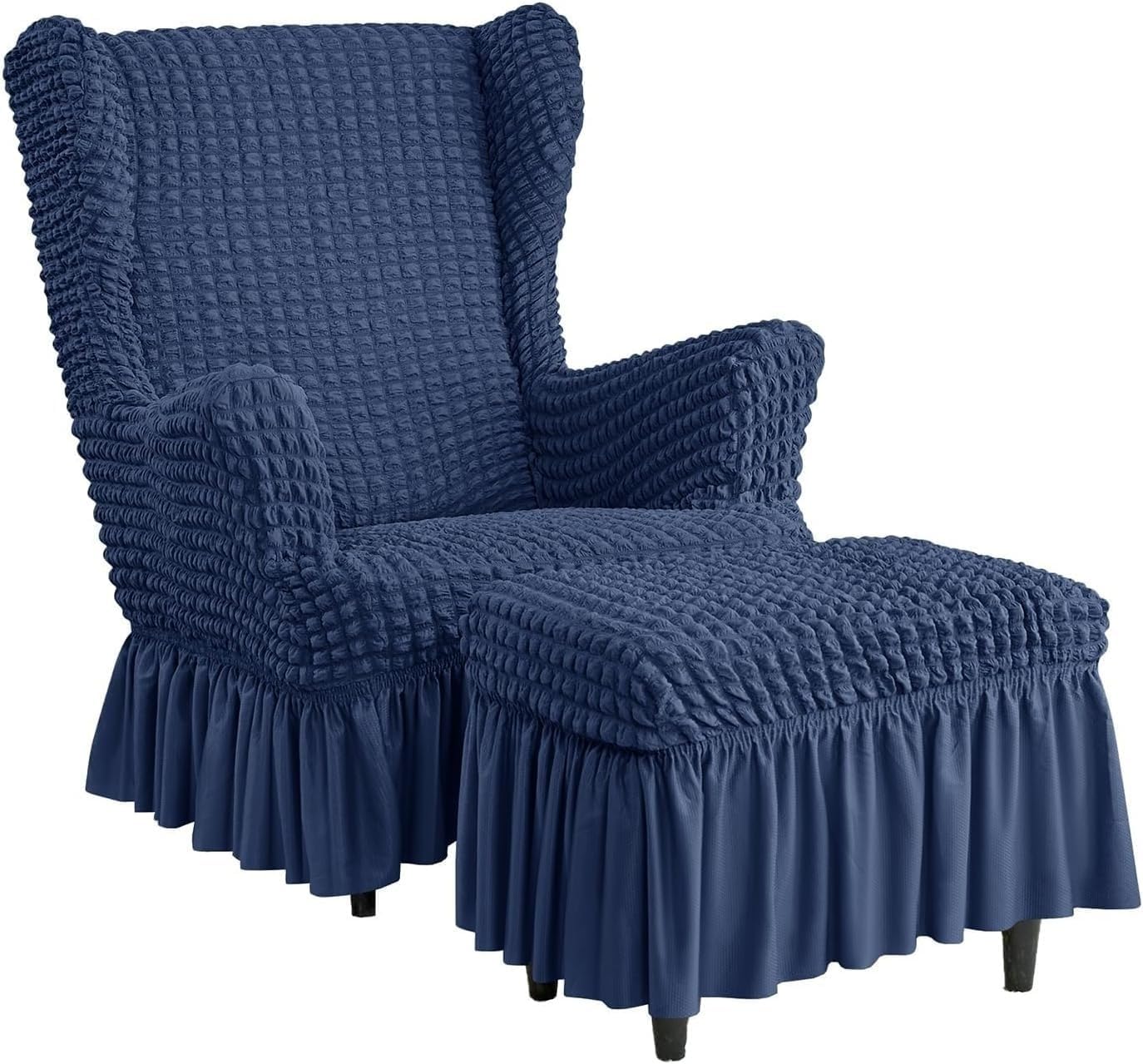 Stretch Seersucker Wingback Chair Cover, Universal Bubble Wingchair Slipcovers with Skirt, Living Room High Back Armchair Protector Set with Ottoman Covers(Dark Blue,Chair+Ottoman)
