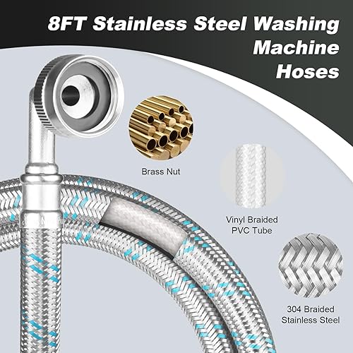 Miniatura 6 de Mangueras para lavadora, mangueras de 8 pies y 90 grados, 2 unidades de acero inoxidable trenzadas de 34 pulgadas, líneas de suministro de agua a
