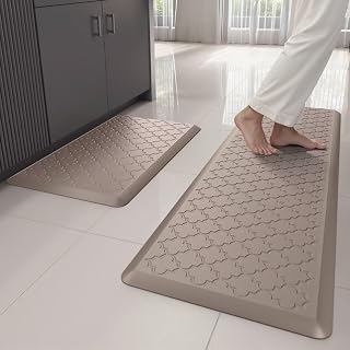 Anti Fatigue Mats for Kitchen Floor 2 Piece, Khaki | Kitchen Mats Cushioned Anti Fatigue, 17.3" x 29" + 17.3" x 47", Non Slip Kitchen Rugs, Standing, Office, Sink, Laundry