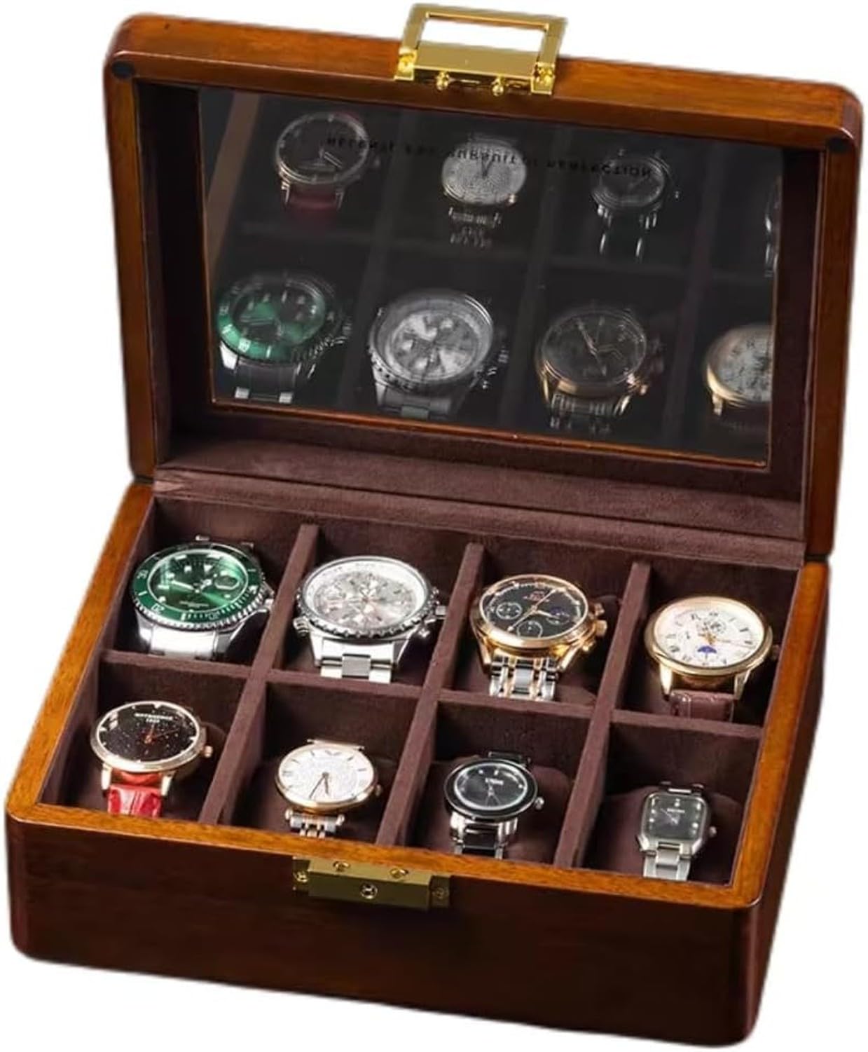 Astuccio Orologio in Legno Massello 8 Van Pietra con Coperchio in Vetro Noce Scatola Porta Orologi per Uomo Donna Custodia Da Tavolo, 8 Velluto marrone profondo slot, Legno di teak dorato massiccio