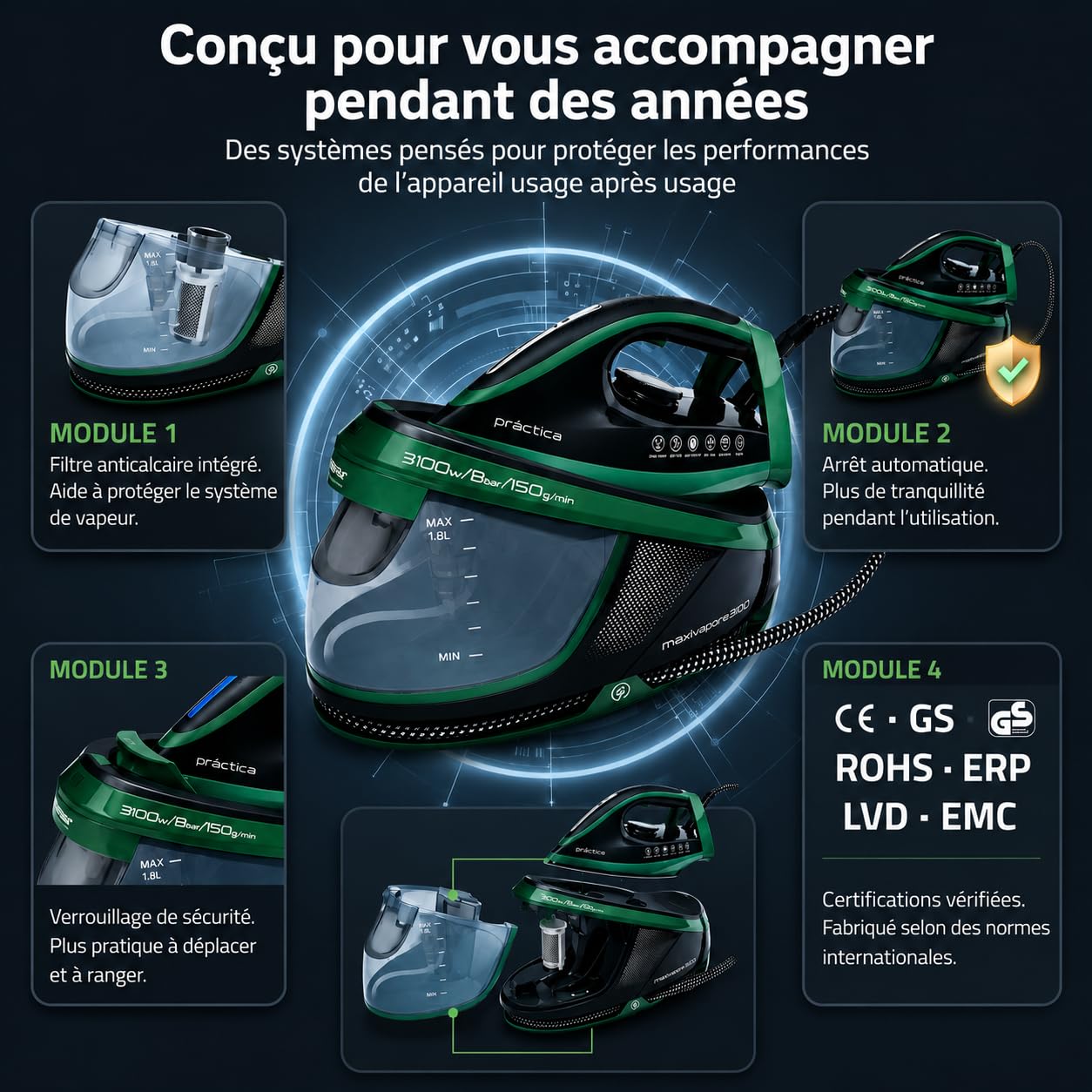 Centrale Vapeur 3100W 8 Bars 150 g min Repassage Vertical Horizontal Semelle Céramique Antiadhésive Réservoir 1.5L Anti Calcaire Auto Nettoyage Arrêt Automatique Glisse Fluide Vapeur Continue
