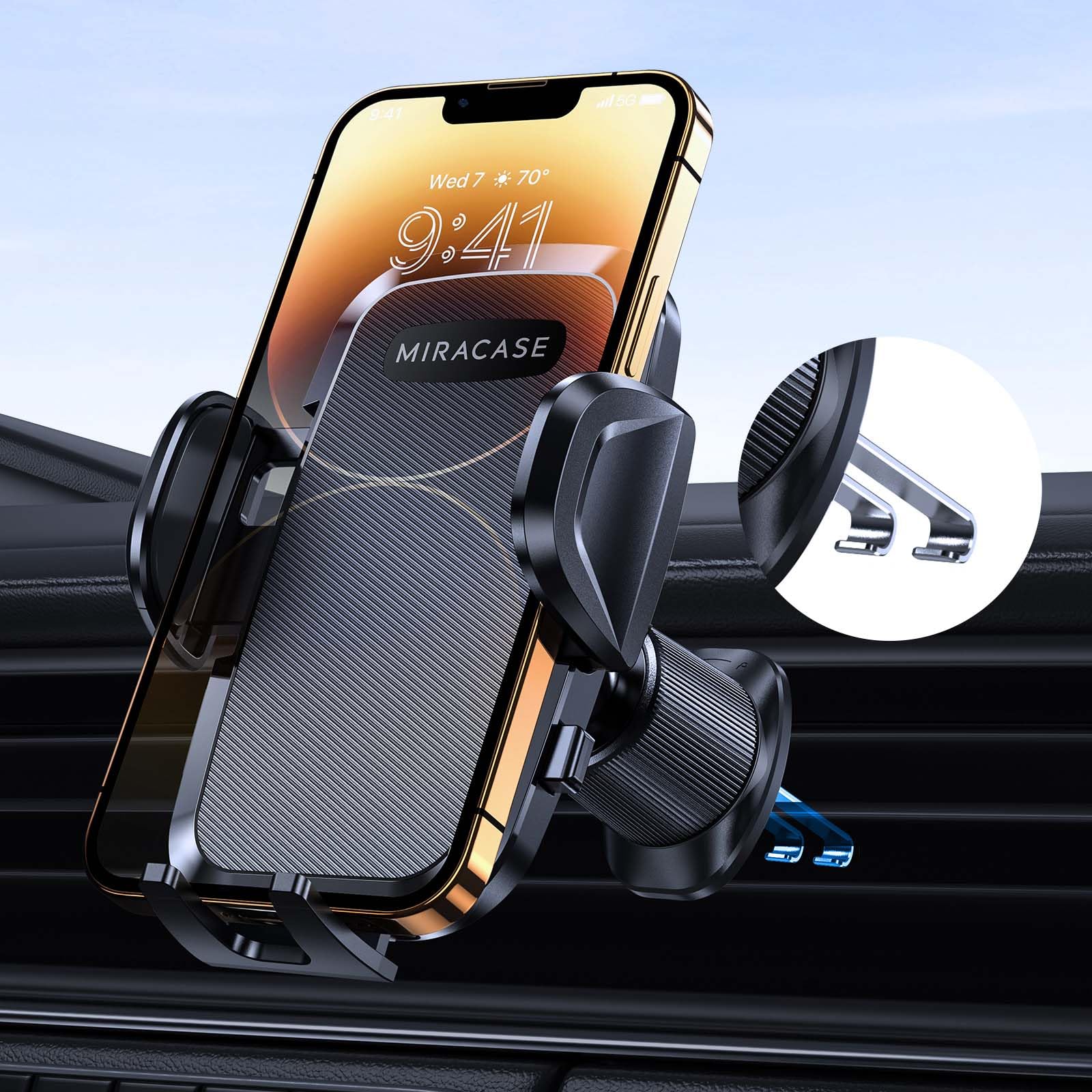 Miracase Phone Holders for Your Car with Upgraded Double Metal Hook Clip, Air Vent Cell Phone Car Mount, Universal Automobile Cradle Fit for iPhone Android and All Smartphones, Light Black