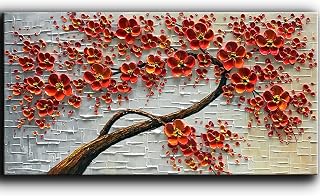 YaSheng Art Hand-Painted 3D Red Plum Oil Painting on Canvas, Texture Palette Knife Wall Art, Modern Home Decor 24x48 Inch Ready to Hang