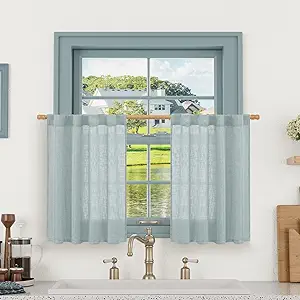 LAMIT Light Filtering Linen Curtains 24 Inch Length 2 Panels, Semi Sheer Window Panels Back Tab and Rod Pocket Neutral Drapes for Bathroom/Kitchen/Loft Room, Greyish Blue, 34 x 24 Inch