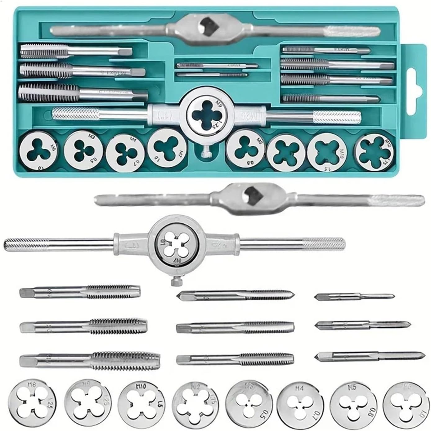 Pipe Tap Set 20PCS Tap and Die Set Metric Thread Repair Tool Manual Tapping Threading Kit for Metal Pipe Bolt Nut