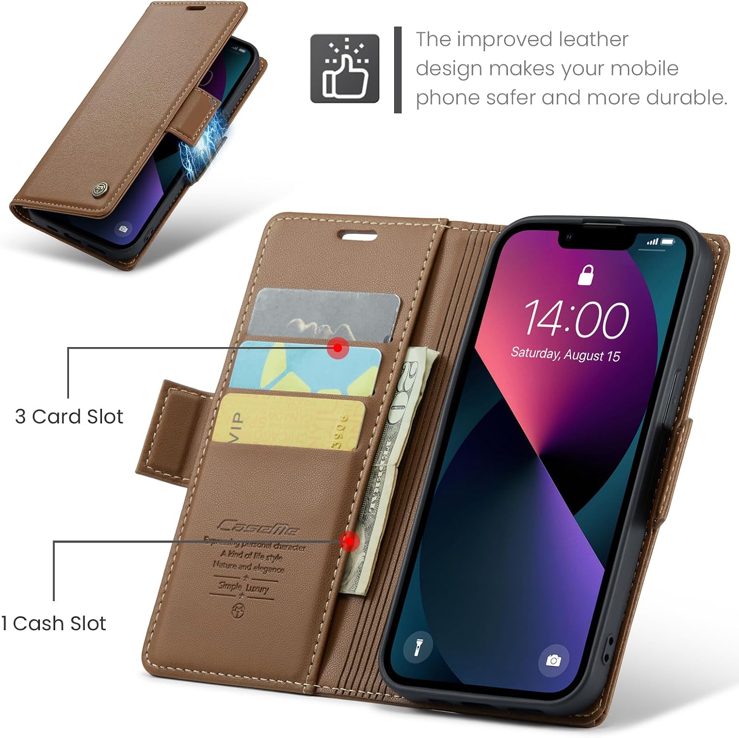for iPhone 14 Plus Case, Premium PU Leather Wallet Case Flip Cover with [RFID Blocking][Card Holder][Stand Function] Shockproof Protective for iPhone 14 Plus 6.7", Brown image 3