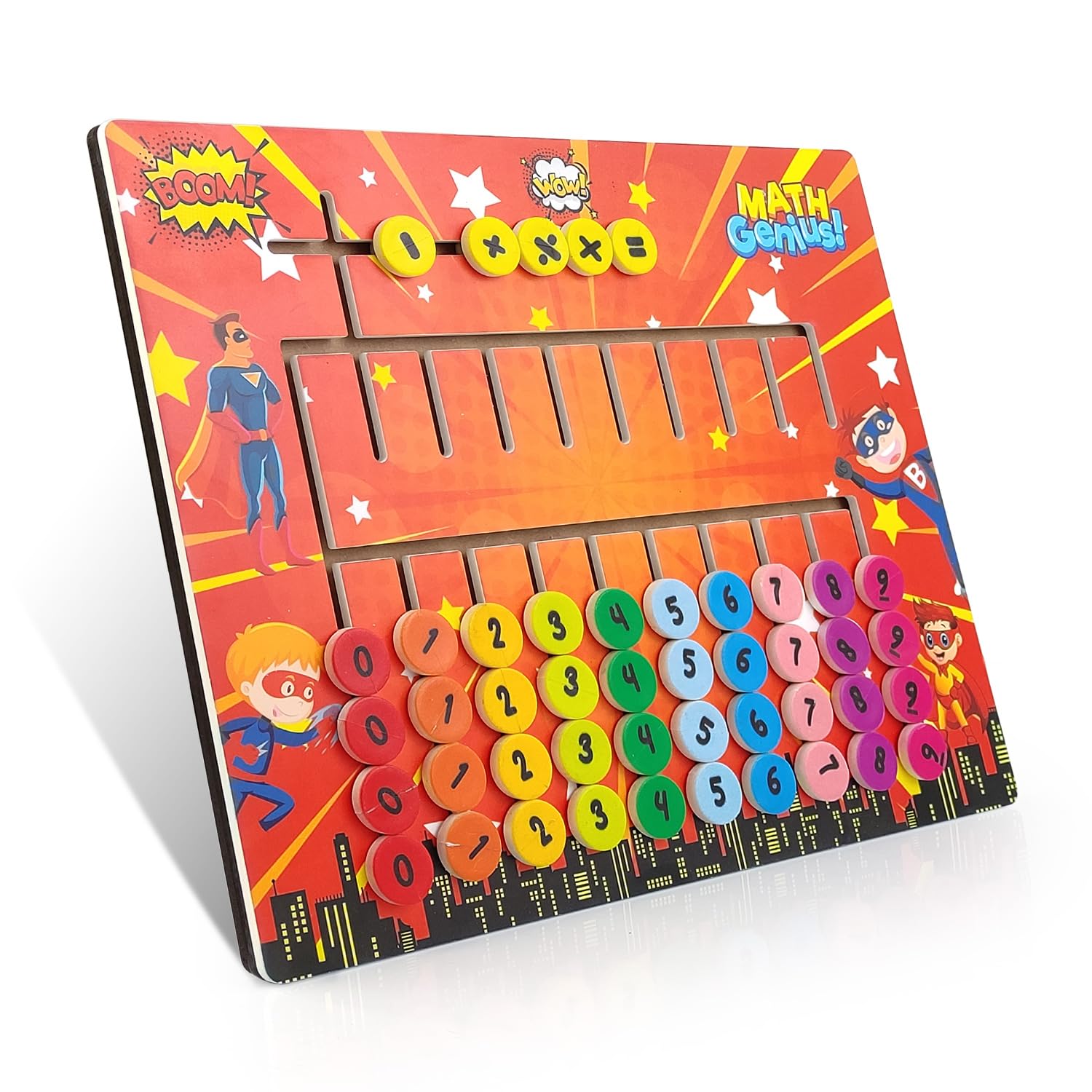 Superhero Math Learning Board Game for Kids, Educational Number Teaching Tool with Colourful Tokens, Wooden Mathematics Practice Board