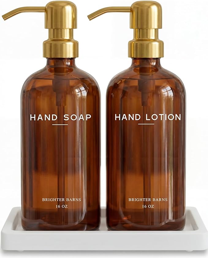 Amber Glass Hand and Dish Soap Dispenser Set by Brighter Barns - Kitchen Soap Dispenser Set with Tray for Kitchen, Airbnb, Vacation Rental or Restaurant - Modern Kitchen Decor & Accessories (Amber)