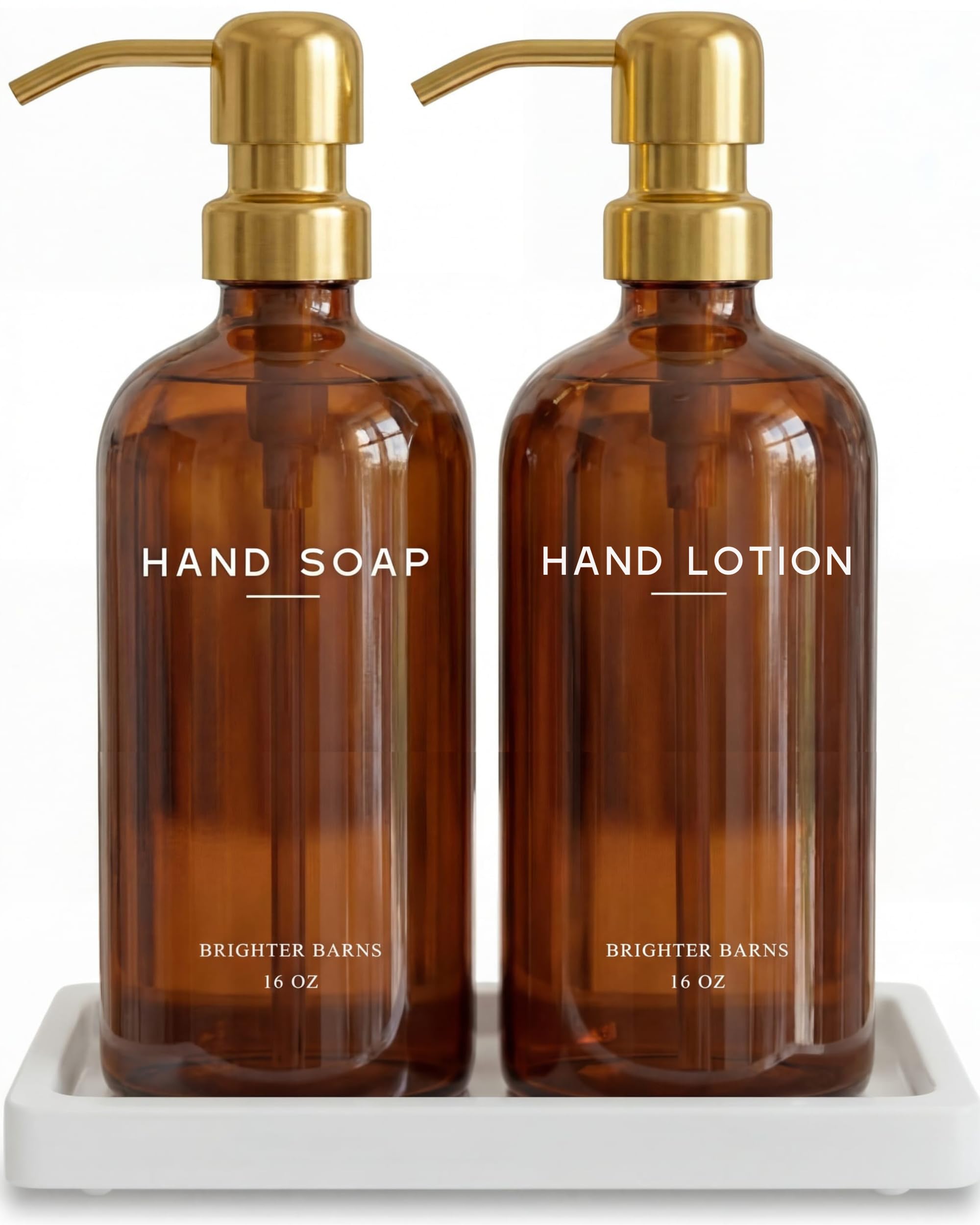 Luxury Glass Soap and Lotion Dispenser Set with Tray by Brighter Barns - Hand Soap Dispenser Bathroom Set with Stainless Steel Pumps - Gold Bathroom Decor for Guest House, Vacation Rental (Amber/Gold)