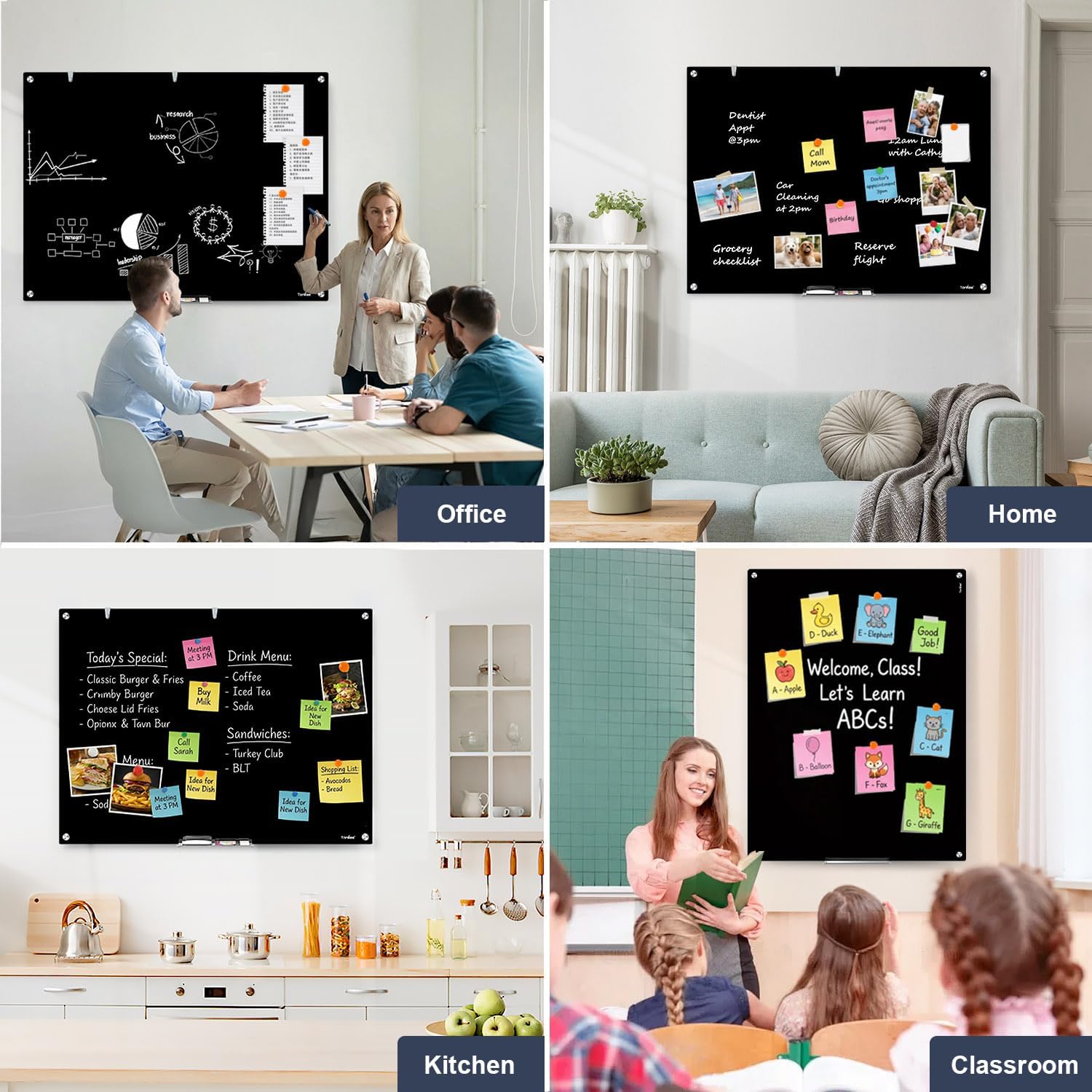 Glass Dry Erase Board, TANKEE 48 x 36 Inches Magnetic Glass Whiteboard for Wall, Black Large White Board for Office School Home Classroom, Wall Mounted