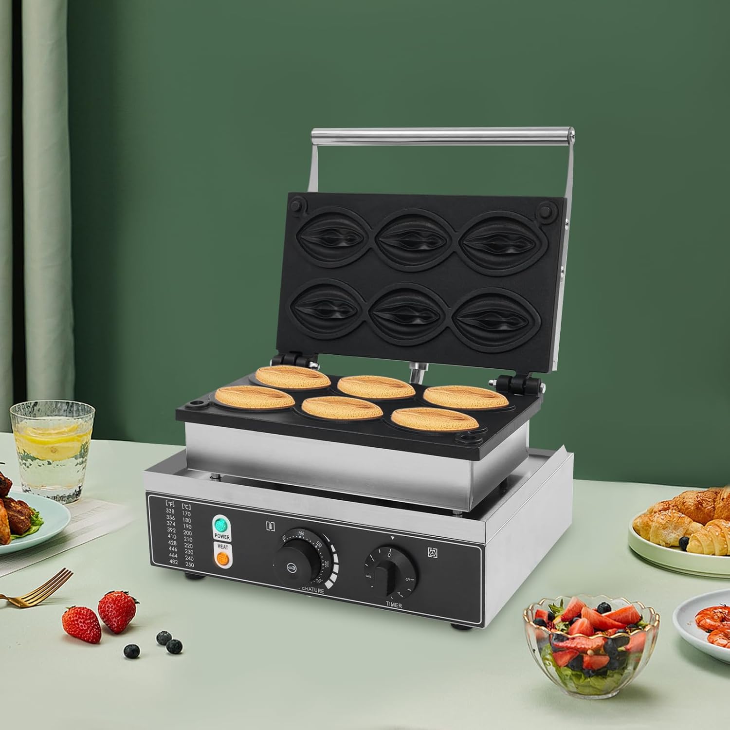 Commercial Waffle Maker, 6 Pcs Abalone Shape Waffle Iron Machine, Non-stick Coating and Detachable Slag Tray, 1550W, 122-572℉ Temp Control, for Snack Shops, Roadside Stalls