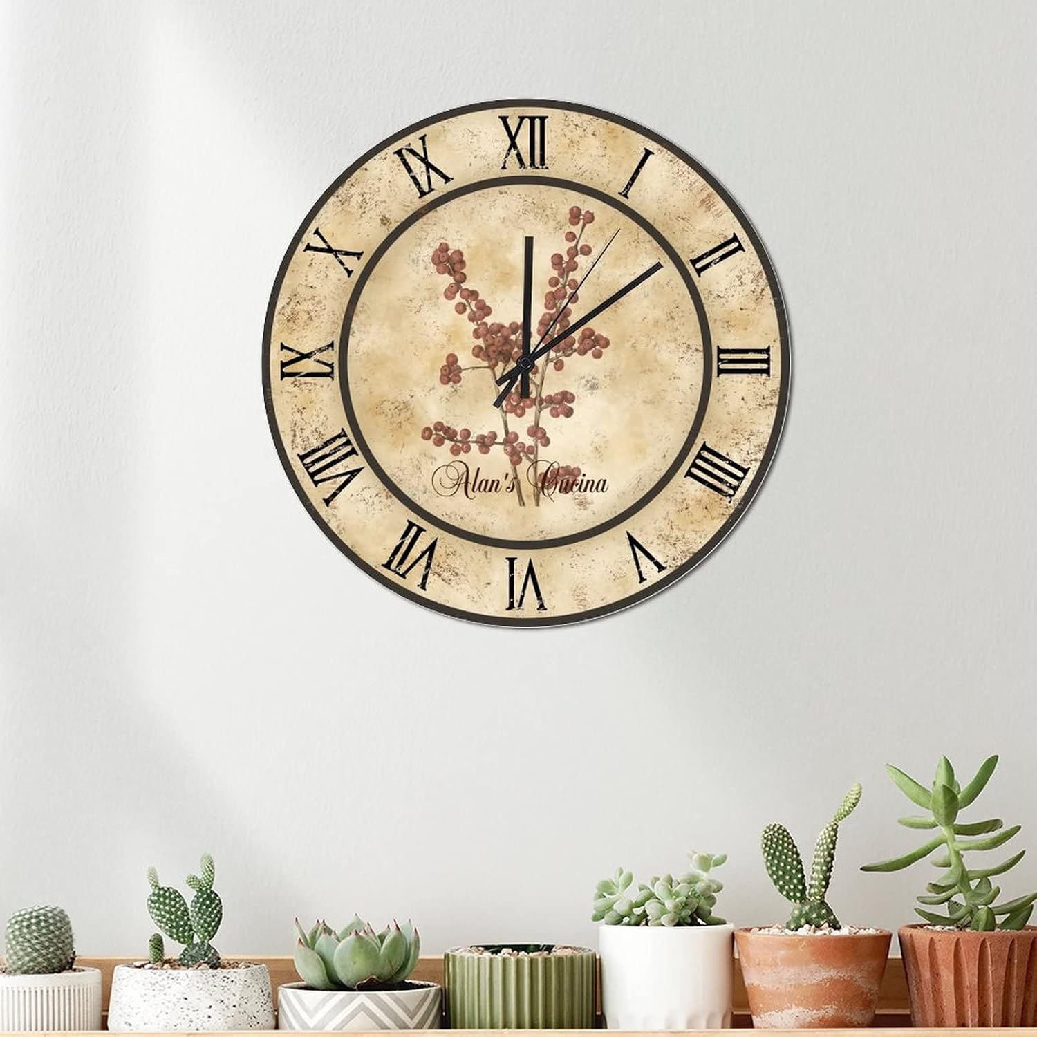 Raspberry Cucina Personalized Clock Fruit Art Large Wooden Wall Clock Battery Operated Non-Ticking Sweep 15 inch Retro Farmhouse Wall Clock for Living Room Home Bedroom Office Garden