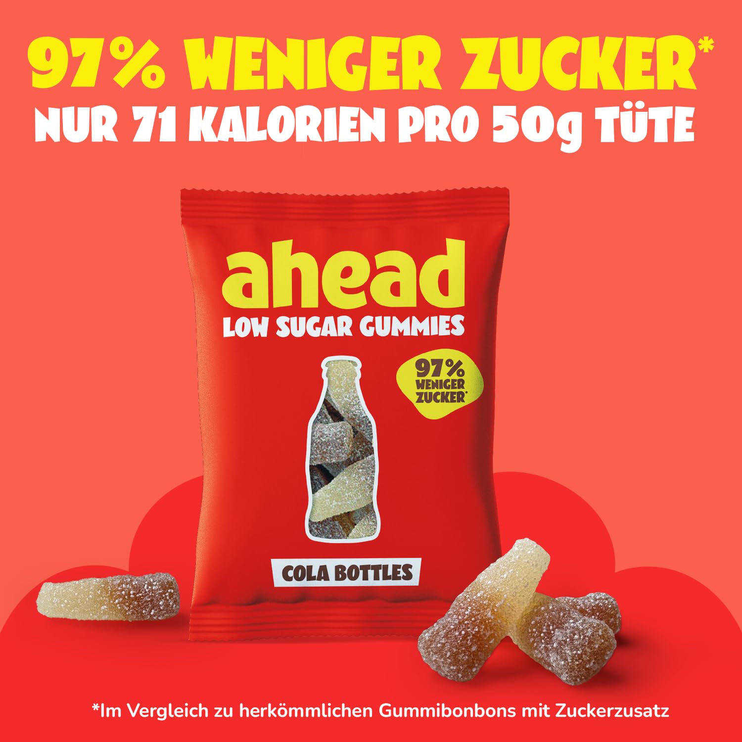 ahead Sour Cola Gummibärchen | Colageschmack Fruchtgummi 18 × 50g | Gummibärchen ohne Zuckerzusatz | Nur 1g Zucker & 73 kcal pro 50g | Kalorienarme Süßigkeiten & ballaststoffreich