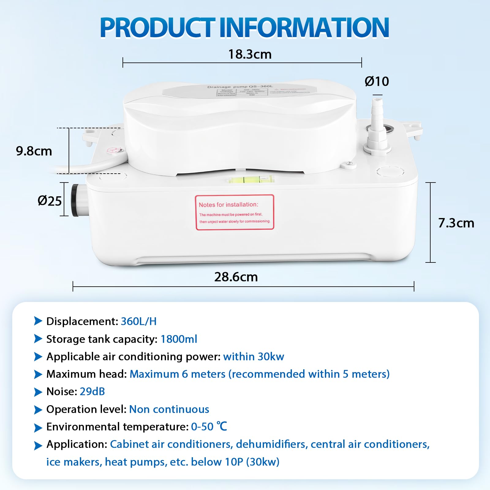 Pompa Di Scarico Condensa AC 360L/h BAOSHISHAN - Per Climatizzatori Fino A 30 KW, Ghiacciaie, Deumidificatori