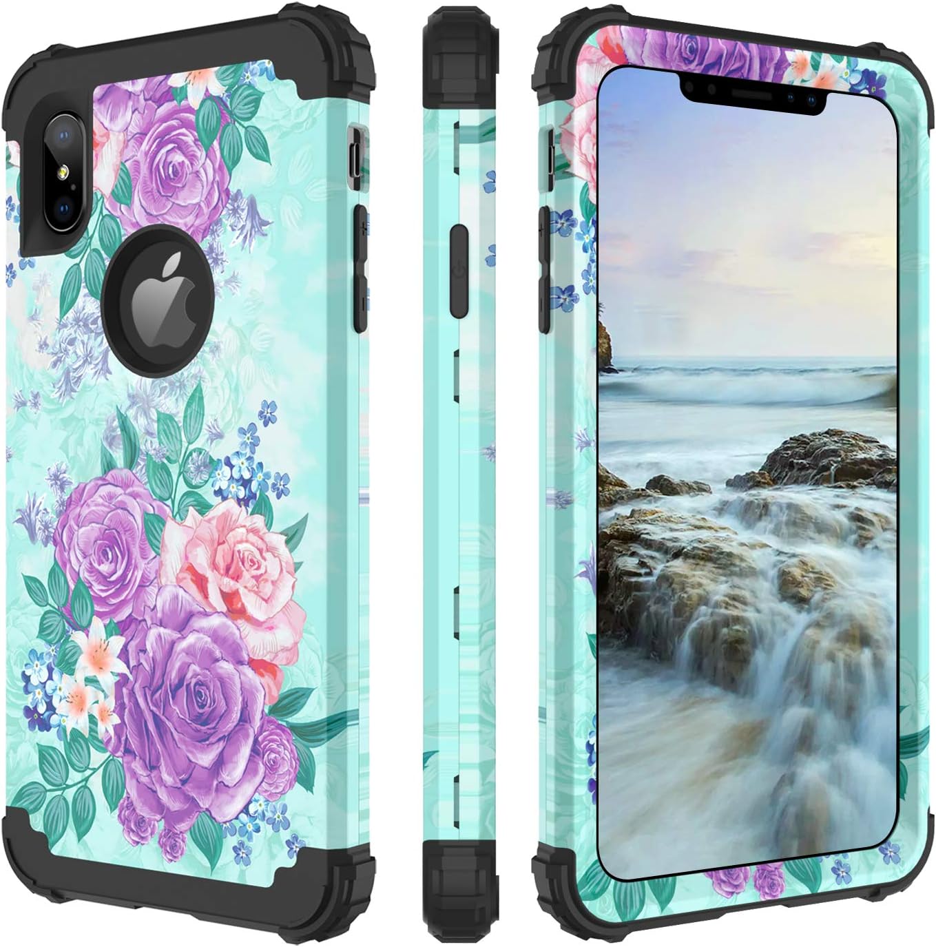 BENTOBEN Case for iPhone Xs Max, Full Body Heavy Duty Shockproof Drop Protection Hybrid Hard PC Soft Silicone Anti-Slip Protective Phone Case for Apple iPhone Xs Max 6.5 2018, Mint Green Flower
