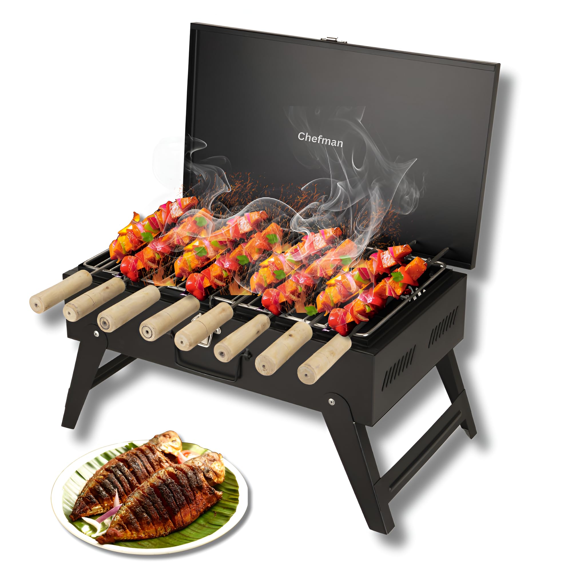 Chefman Briefcase Barbeque Grill Charcoal Large Size Outdoor with Wooden Handle Set (Black) 1 BBQ, 1 Grill, 8 Skewers, 1 Tong | Picnic/Outdoor Parties/Roasting, Grilling Food