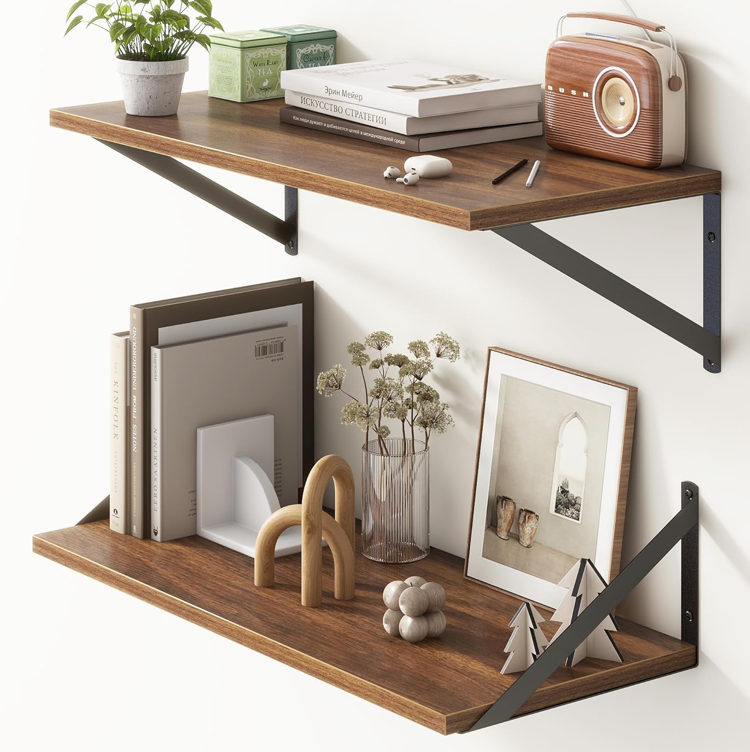 10 Inch Deep Floating Shelves, Wall Shelves Set of 2,Black Metal Visible Triangular Bracket, Wide Floating Shelves for Bahtoom, Living Room, Kitchen (Brown, 20"x10" Inch)-image-18