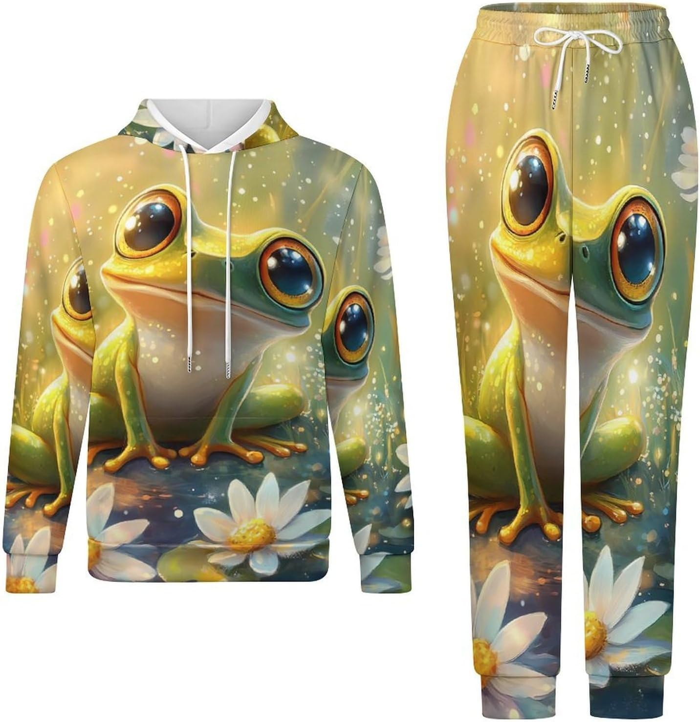 Frog Flower Men's Hooded Set Casual 2 Pieces Suits Pullover Tracksuit Hoodies And Sweatpants