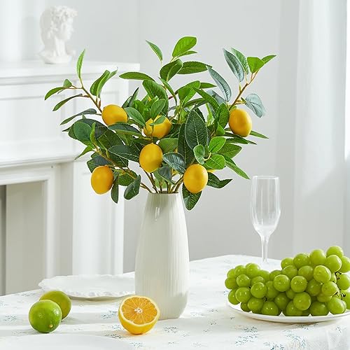 Miniatura 2 de 3 ramas de árbol de limones artificiales, tallos de vegetación sintética, ramas de limón realistas con hojas realistas, planta de limón falsa para