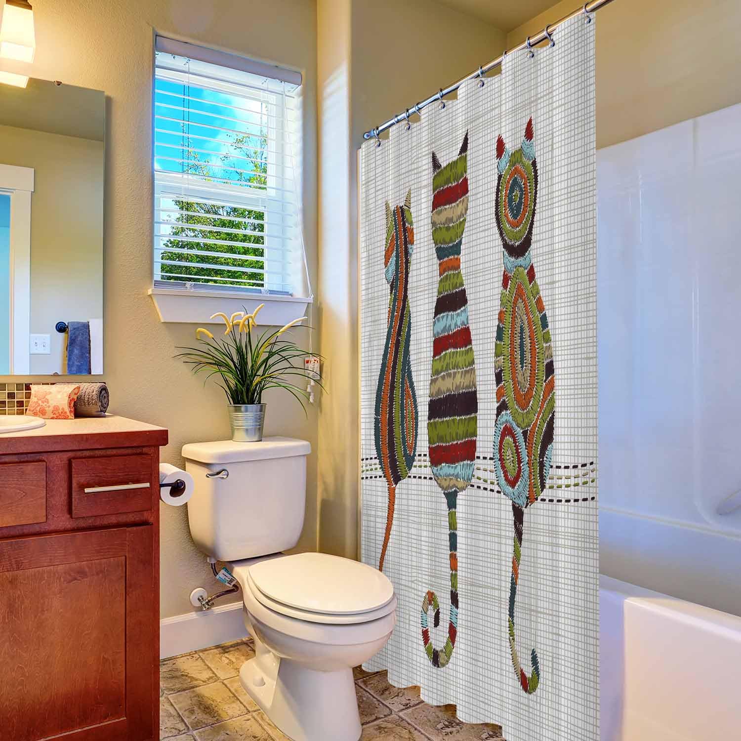 Woutay Shower Curtain Mould Proof Resistant Folk Embroidery Cats,Water Repellant Fabric,Polyester,Size 180x180CM - Image 4