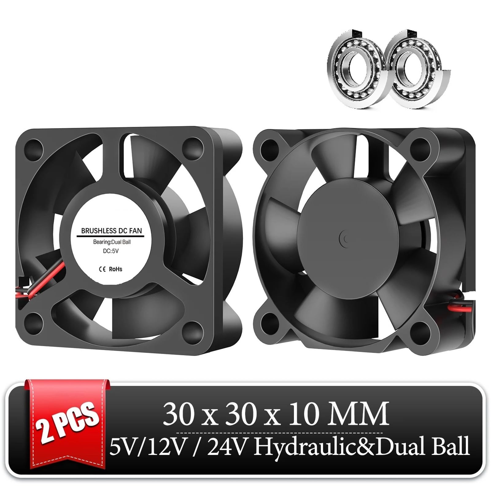 2 szt. Wentylator do drukarki 3D 3010, 30 mm, 30 x 30 x 10 mm, 3 cm, karta graficzna chłodzenie 5 V, 12 V, 24 V, z tuleją pinową i podwójną kulką
