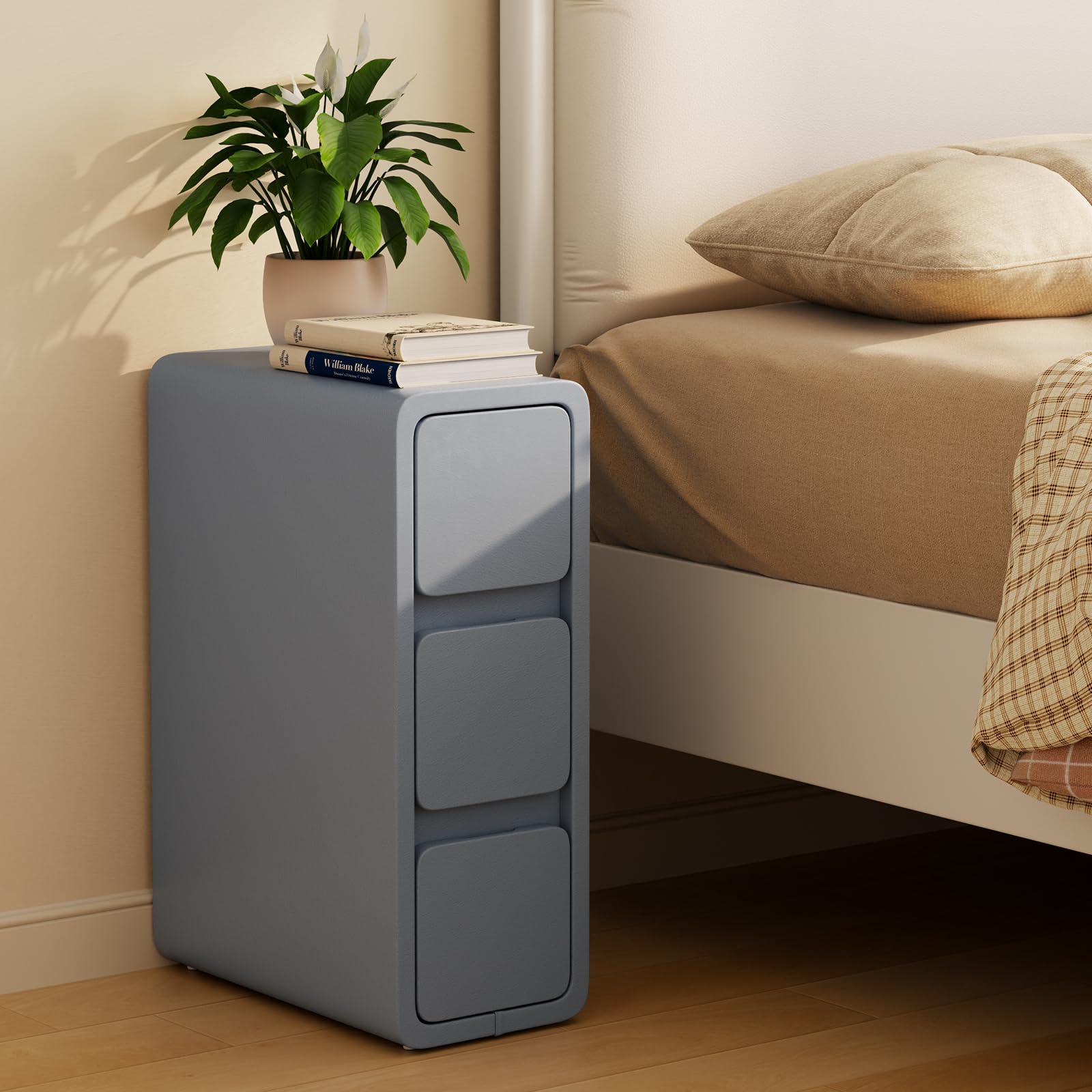 AQIMUELE Small Bedside Table, Slim Bedside Table with 3 Drawers, Assembled Narrow Side End Table with Leather Surface for Bedroom, 20cm, Dark Gray
