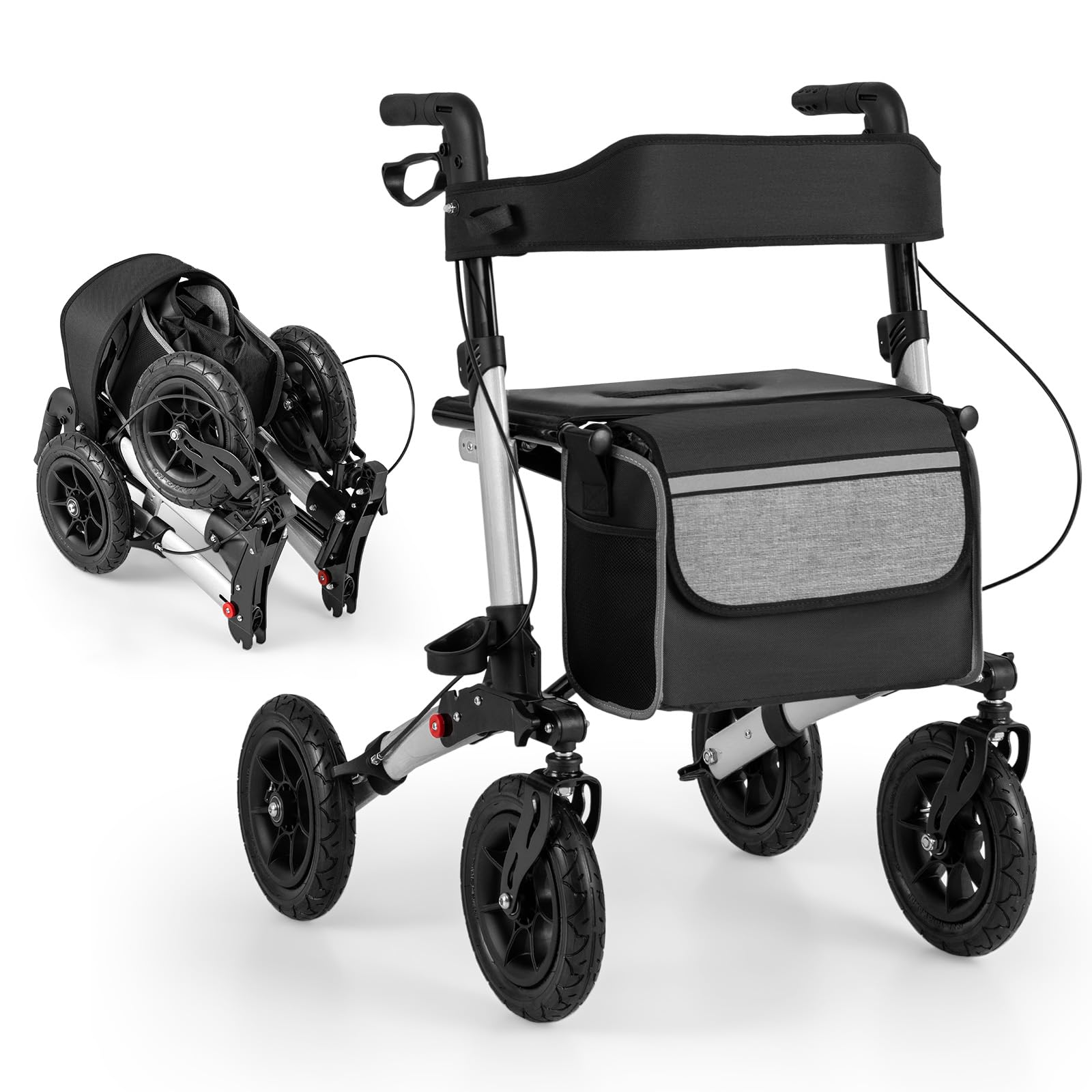 HOMASIS Andador plegable y ligero 2 en 1 para silla de ruedas, con asiento, 7 alturas ajustables, carrito de aluminio para personas mayores, andador de viaje con soporte para bastones, bolsa, hasta