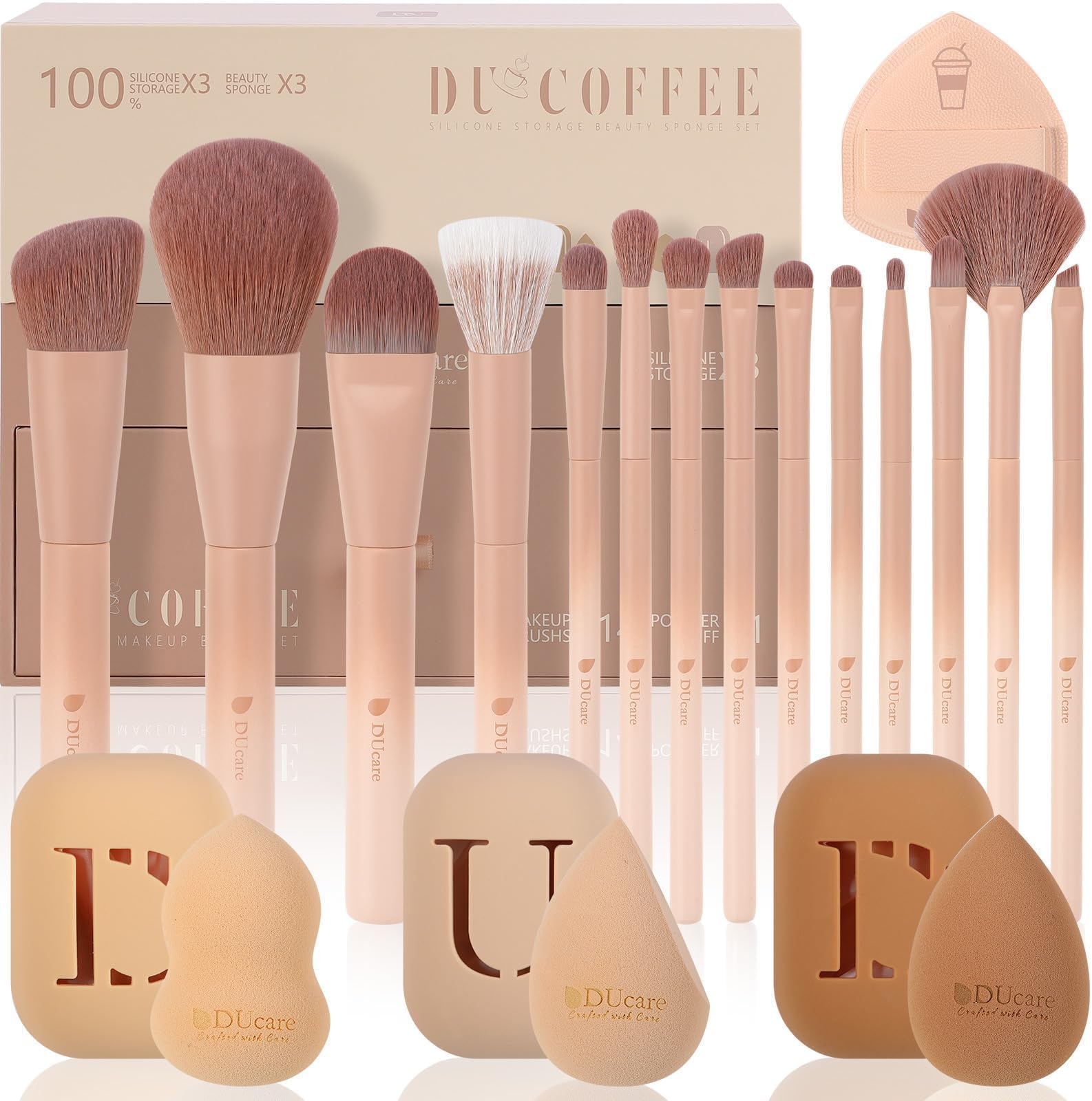 DUcare 21pcs Makeup Gift Set,with 14Pcs Makeup Brush set 3pcs Makeup Sponges 3pcs Sponge Holder 1pc Powder Puff for Foundation Blending Powder Blush Eyeshadows