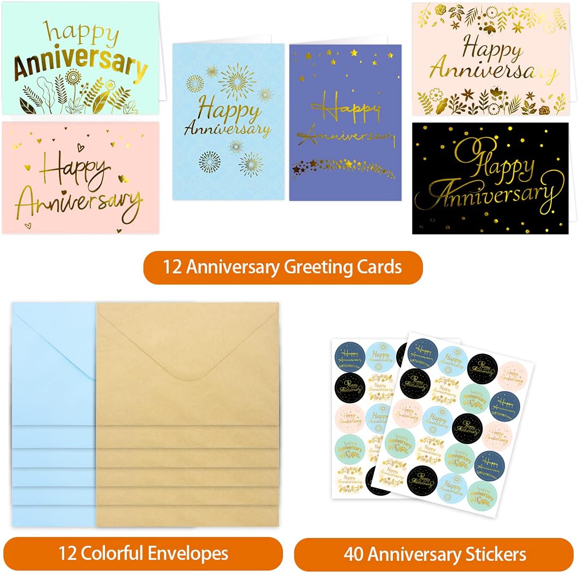Fancy Land 12 Anniversary Cards with Envelopes Gold Foil Anniversary Greeting Cards for Business Office Wedding 6 Designs - Image 2
