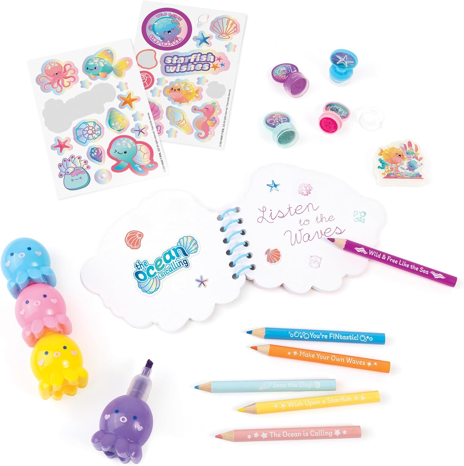 3C4G: Portable Seas The Day! Stationary Set - 8" Mini Backpack Case, Ocean Themed, Stickers-Highlighters-Color Pencils-Stamps-Note Pad, Girls & Kids