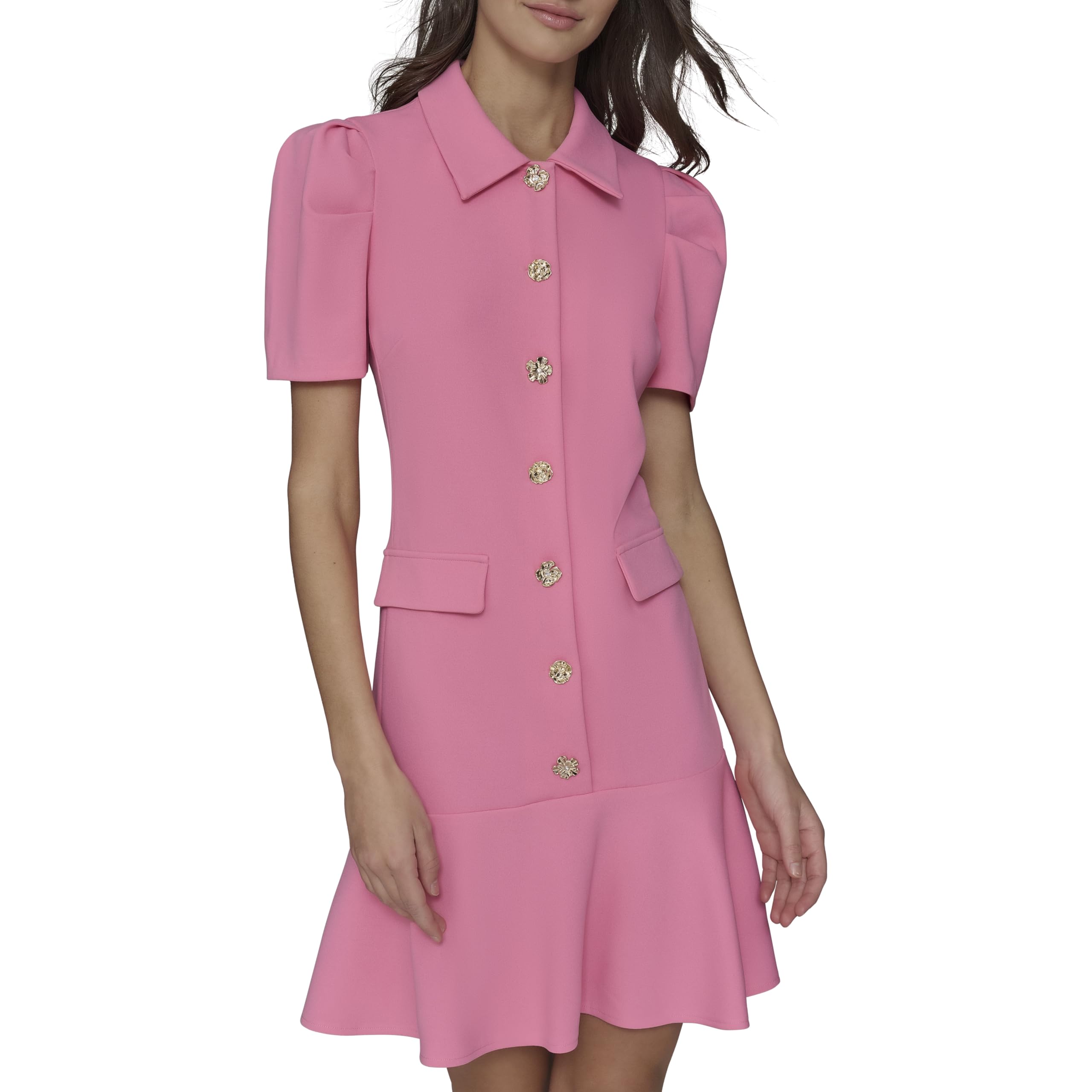 KARL LAGERFELD Women's Collared Short Puffed Sleeve Above The Knee Sheath Dress for Party Occasions Unique Flared Design 