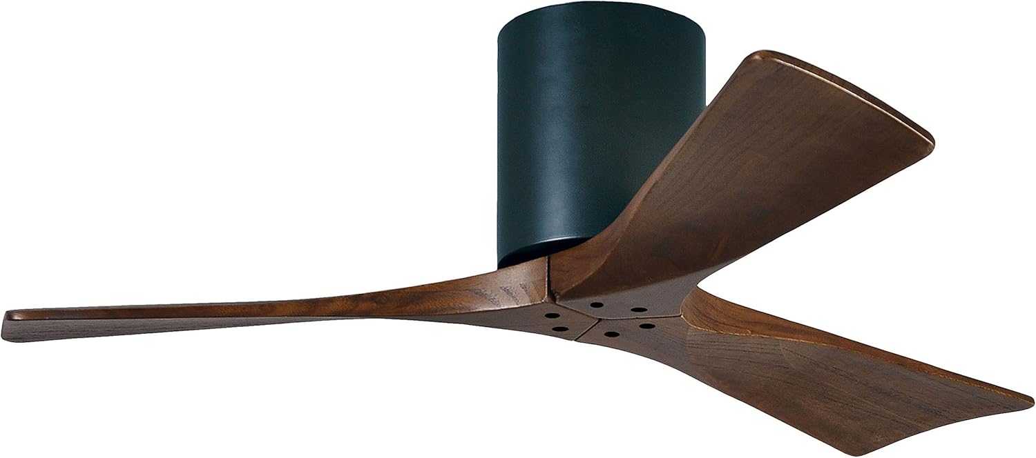 Matthews IR3H-BK-WA-42 Irene Indoor/Outdoor Damp Rated 42" Flush Mount Ceiling Fan with Remote and Wall Control, Silent DC Motor, 3 Walnut Tone Solid Wood Blades, Matte Black