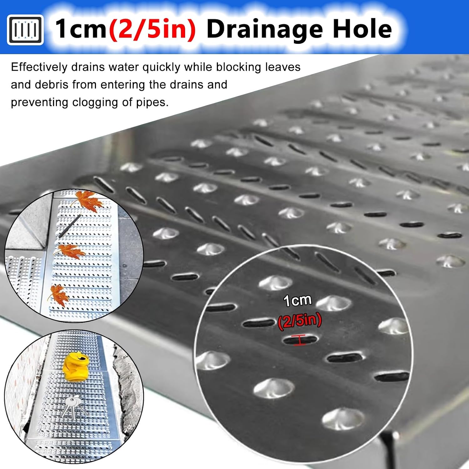 Metal Channel Drain Grate for Kitchen Garden Patio, Stainless Steel Trench Drainage Cover with Non-Slip Surface, Anti-Blocking Design
