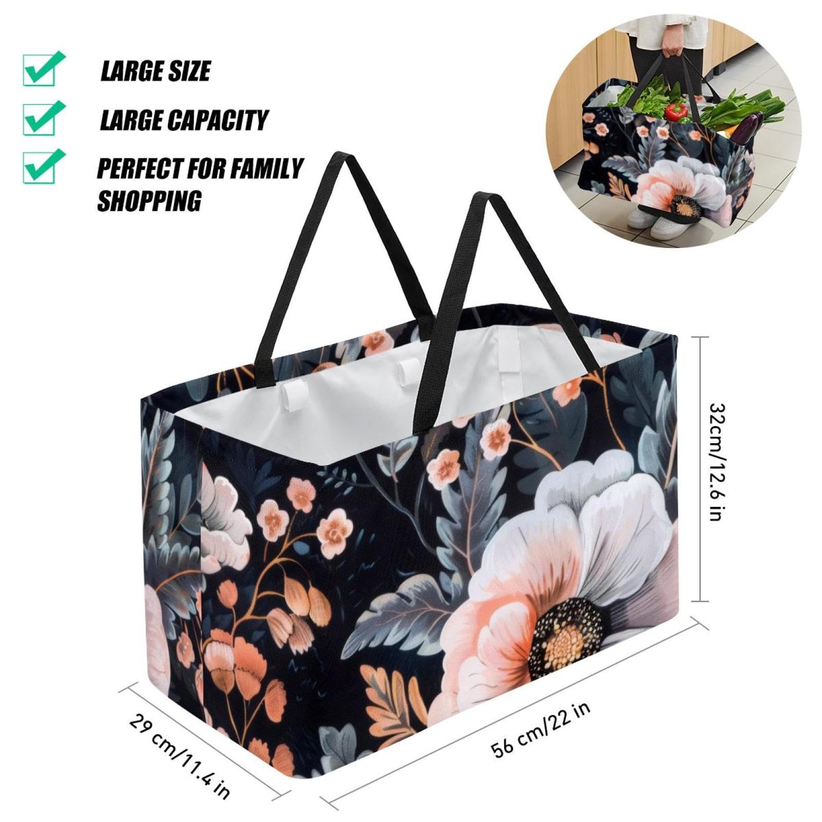 Sac de courses réutilisable, pliable, sac fourre-tout utilitaire lavable, tient debout pour pique-nique, camping – Motif floral rose sur noir, multicolore, 22.0x12.6x11.4 in/56x29x32 cm