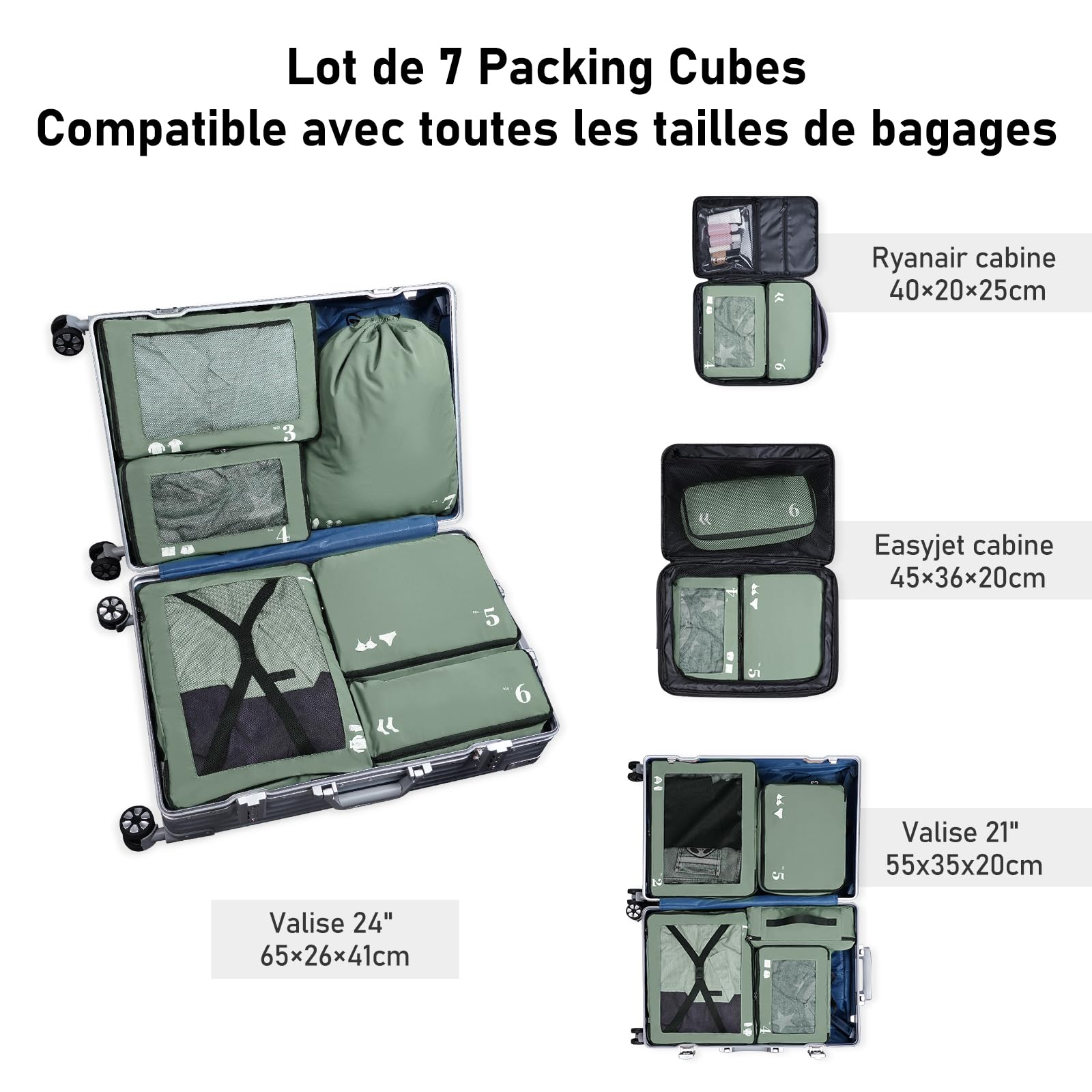 ECOHUB Organisateur Lot de 7 Rangement Valise Organisateur de Voyage Packing Cubes Sac Chaussures Ecologique Organiseurs de Bagage pochette sac rangement valise résistant à la déchirure (Vert)