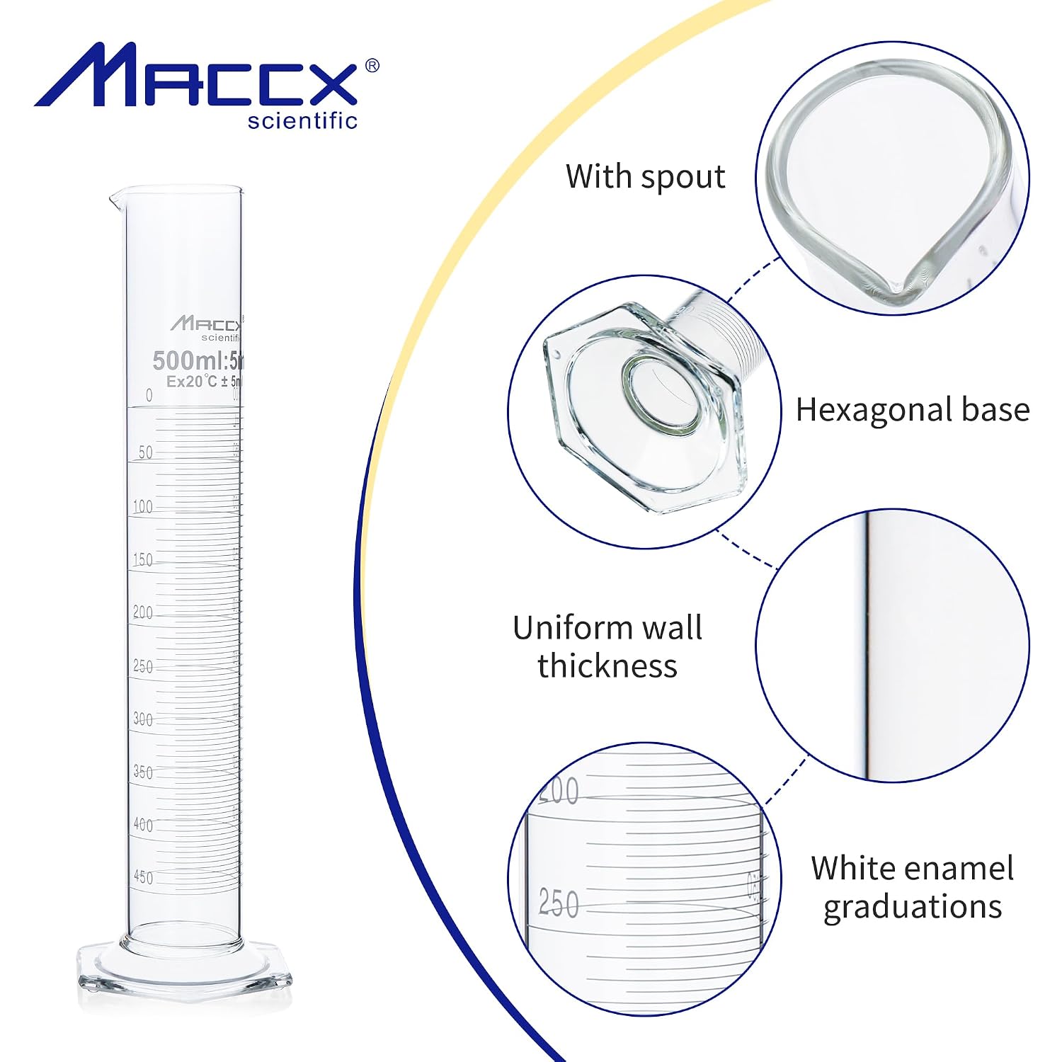 500ml Sturdy Glass Graduated Cylinder, 2PCS of Cap.500ml/±5.0ml Borosilicate 3.3 Glass Measuring Cylinders, Class B,MCG500-002