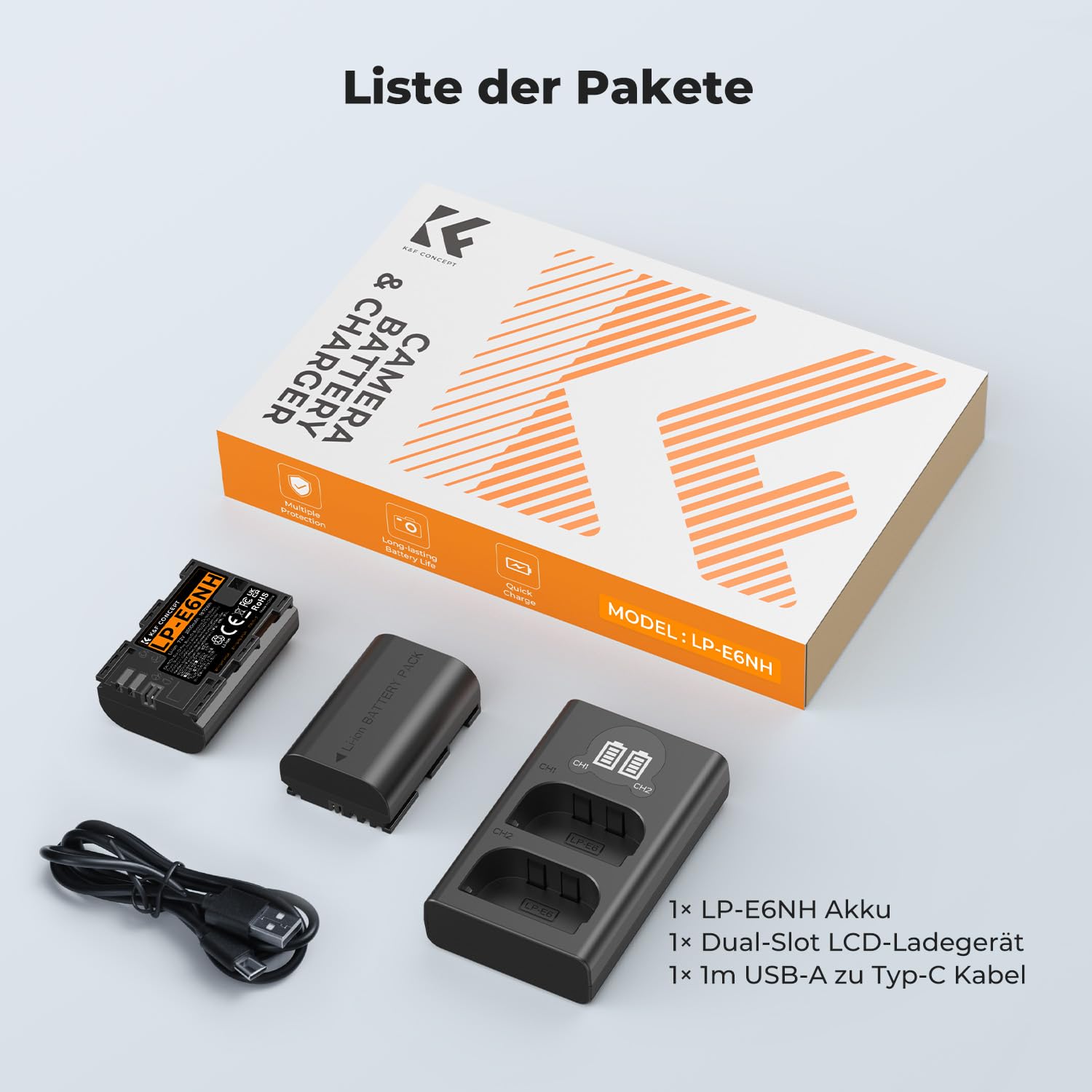 K&F CONCEPT LP-E6NH hohe Kapazität 2600mAh Zwei Akkus und EIN Ladegerät (2er Pack) und 2-Slot Ladegerät Akku-Kit,Kompatibel mit Canon EOS R7 R5 EOS R6 EOS R 5D II III IV 6D II 7D II 60D 70D 80D 90D