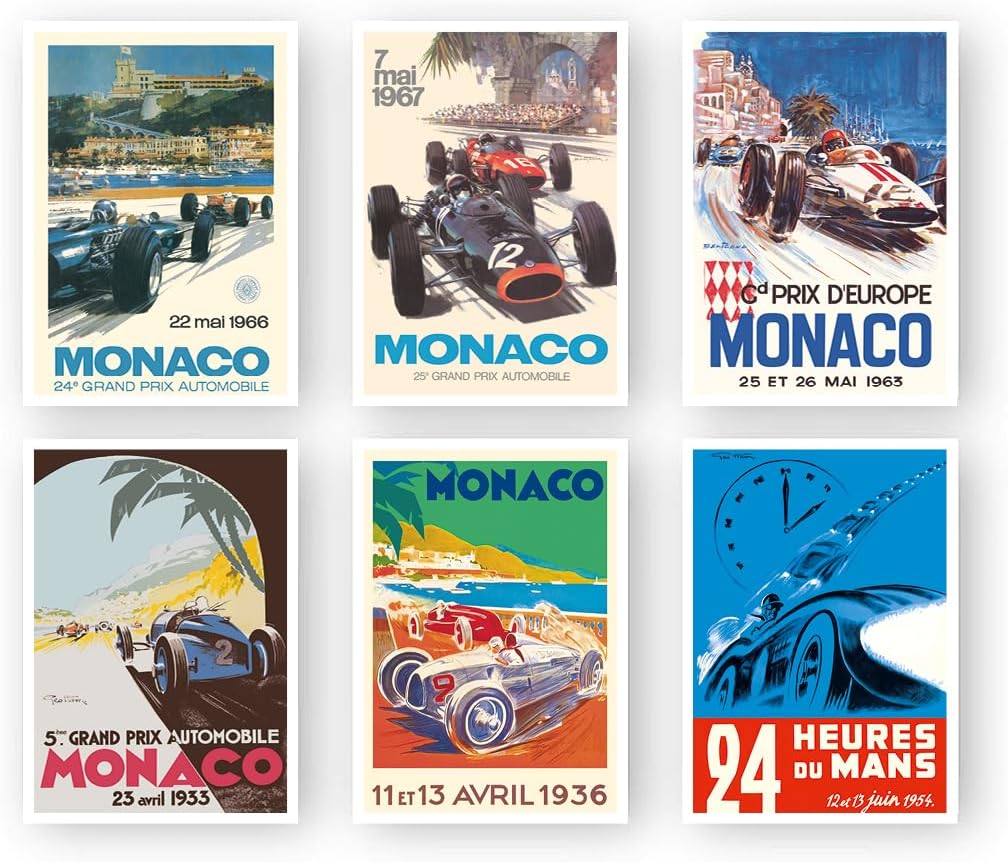 Juego de 6 pósteres de carreras de autos vintage, sin marco, arte de pared clásico de carreras de automóviles por Géo Ham, Turner, Beligond,