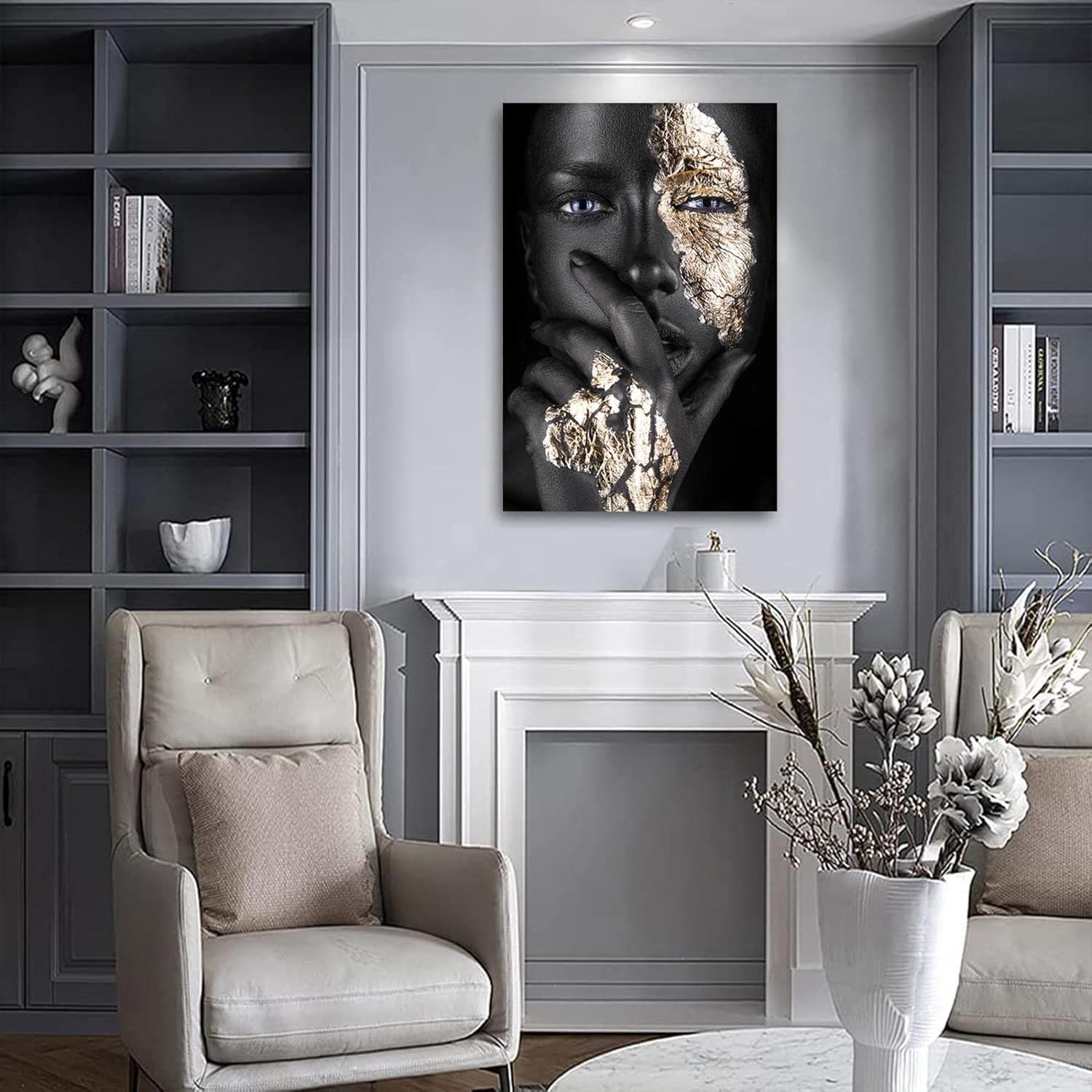 16”x24 Black Woman Wall Art African American Wall Art Canvas Framed Black and Gold Women Portrait Canvas Print Artwork Black Art Wall Decor African Decorations for Living Room 16”x24”