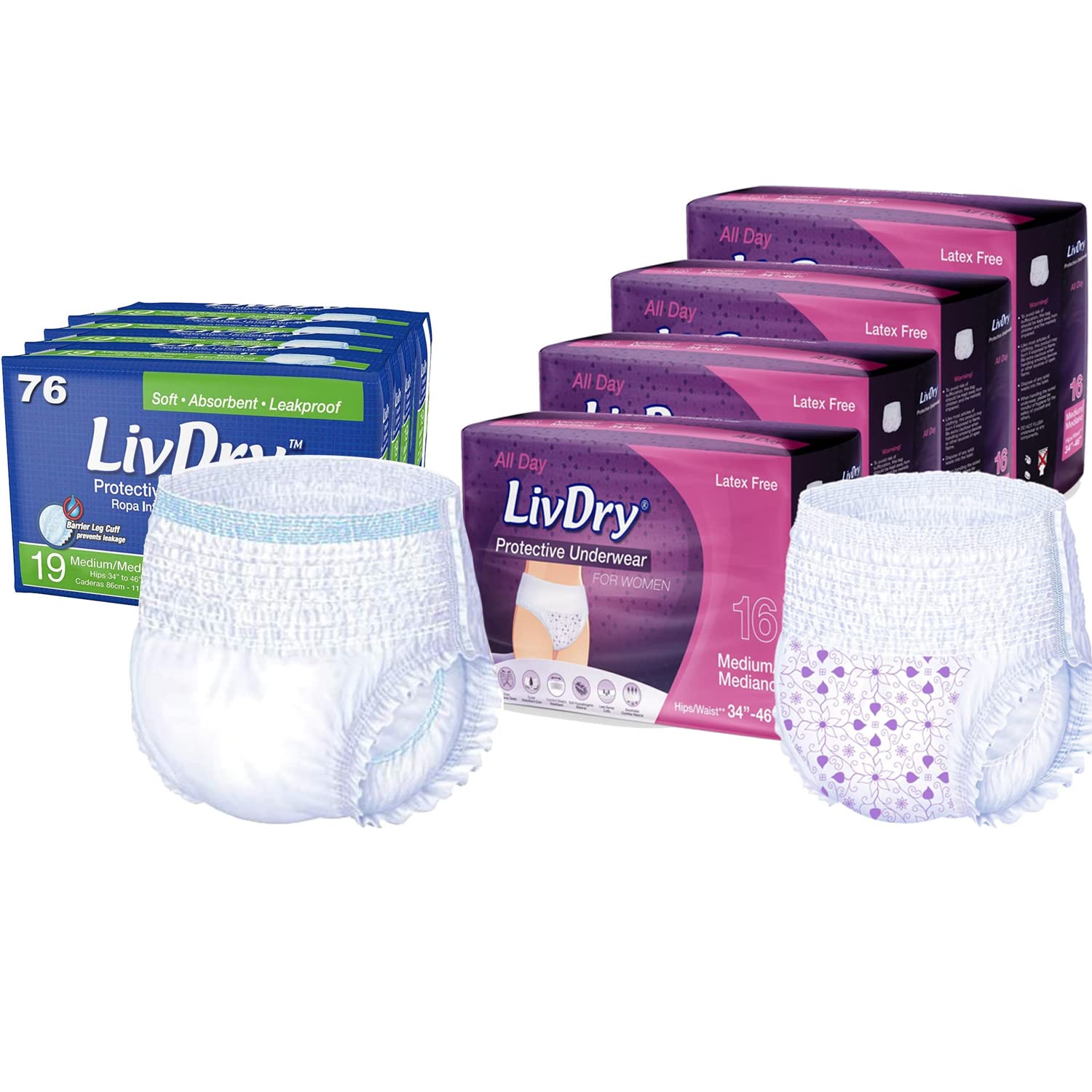 LivDry Adult Incontinence Underwear, Extra Absorbency with Women's All Day Bundle - Mediu…