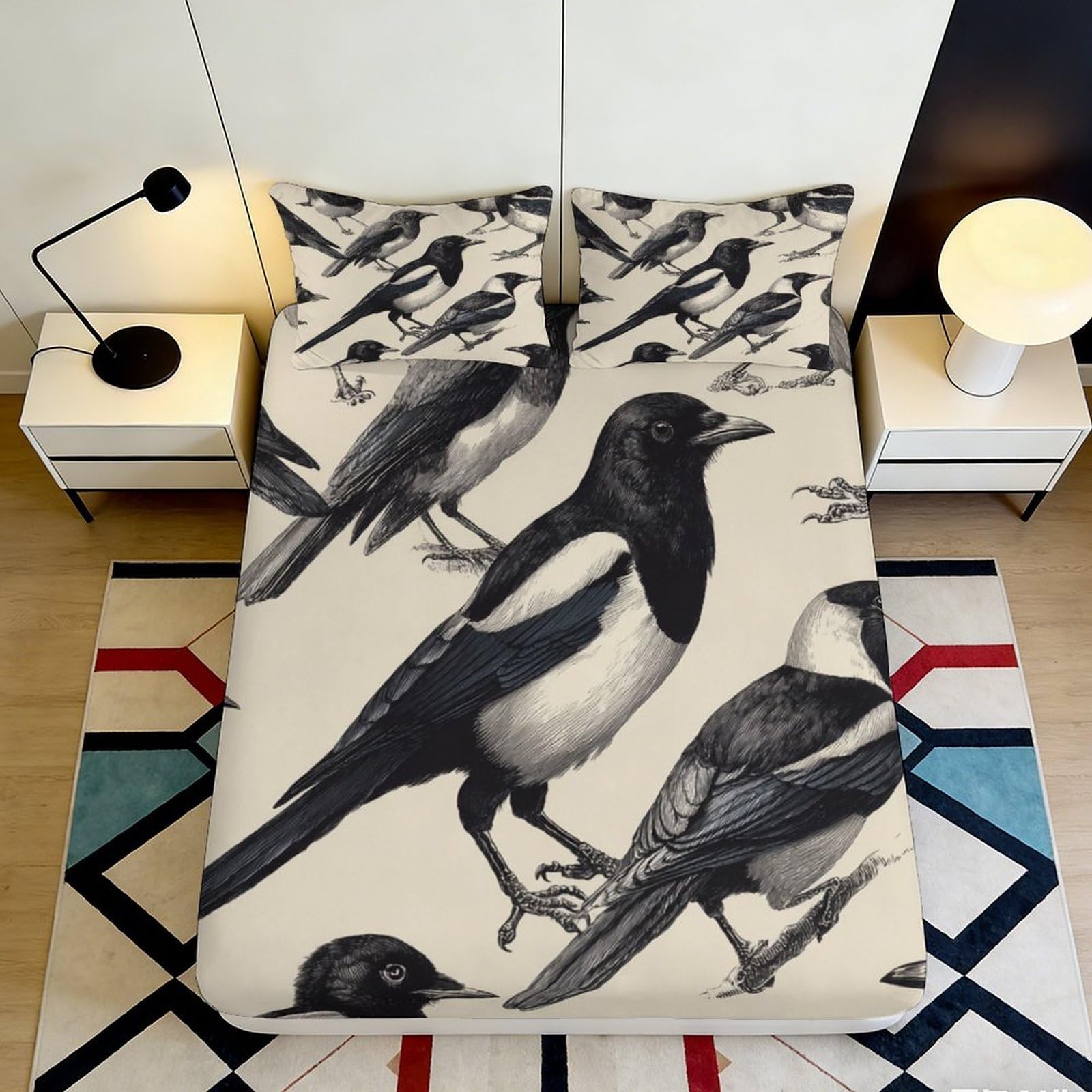 3D Printed Black Magpie Fitted Sheet Microfiber Soft Bird Pattern Mattress Cover for Bedroom Dorm Decor 90x200x25cm