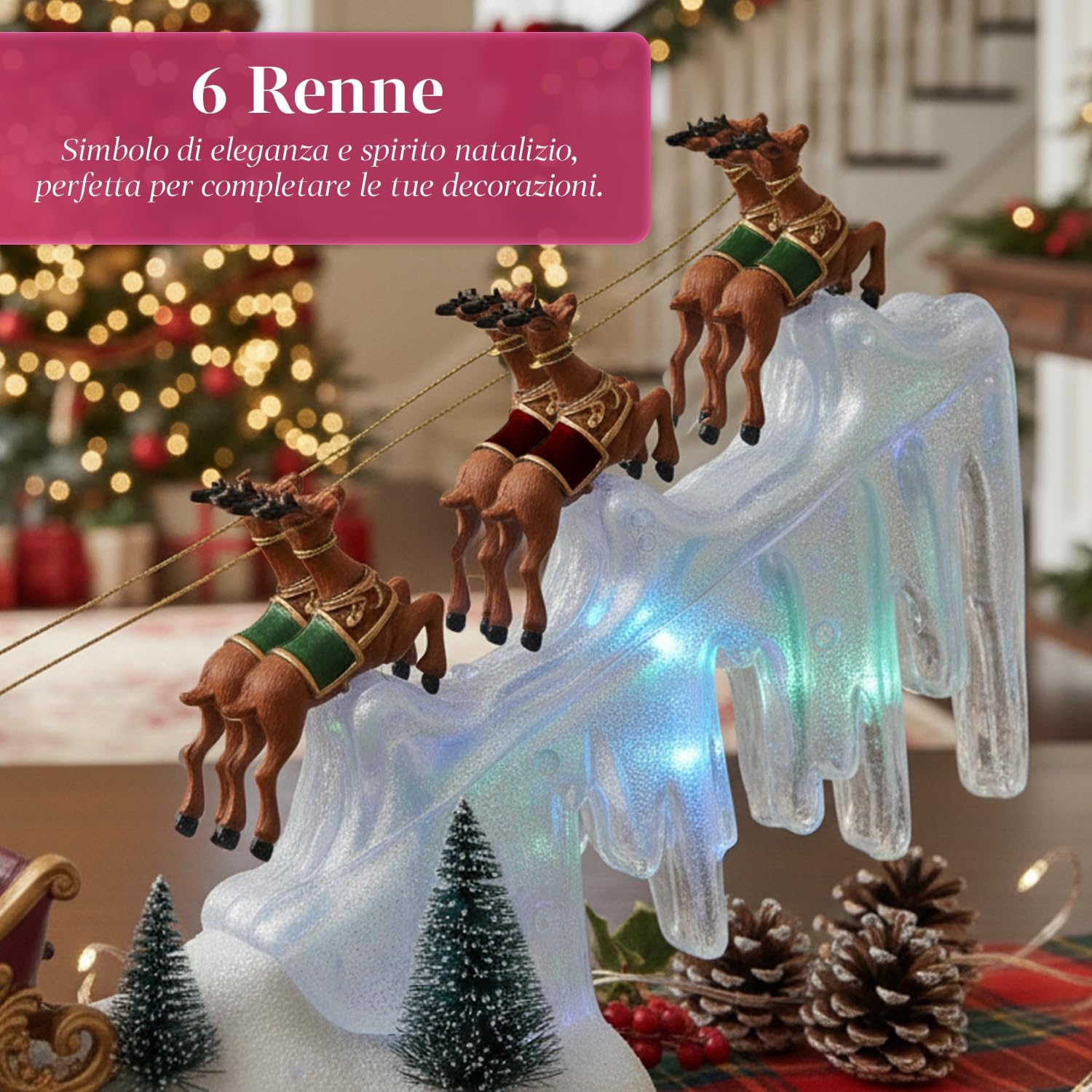Avilia Christmas Sleigh with LED Lights and Moving Music W29xD6xH29cm for Christmas Decorations for Home and Christmas Villages, Battery Operated, Rotating Scene with Animated Characters