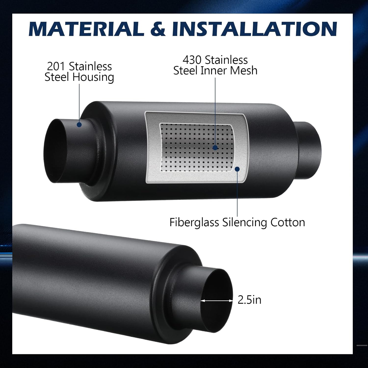 2 Pcs 2.5" Inlet Exhaust Resonator, 2.5" Inlet 2.5" Outlet 11.5" Overall Length Muffler Resonator Stainless Steel, Black