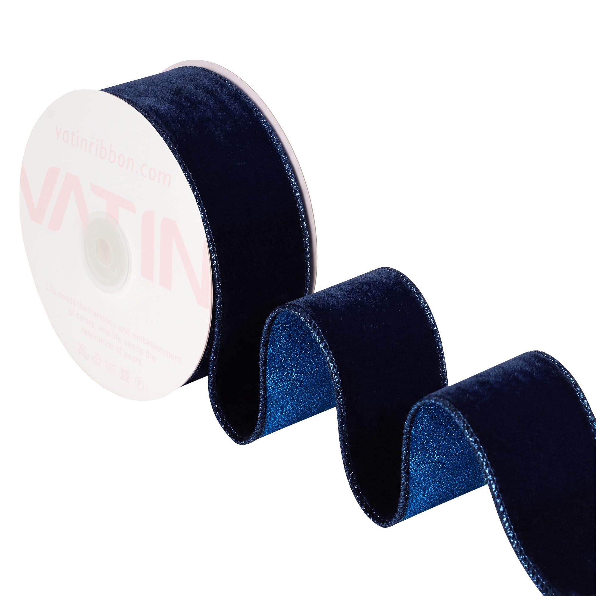 VATIN Navy Wired Velvet Ribbon, 38 MM x 9 M, Luxury Christmas Ribbon